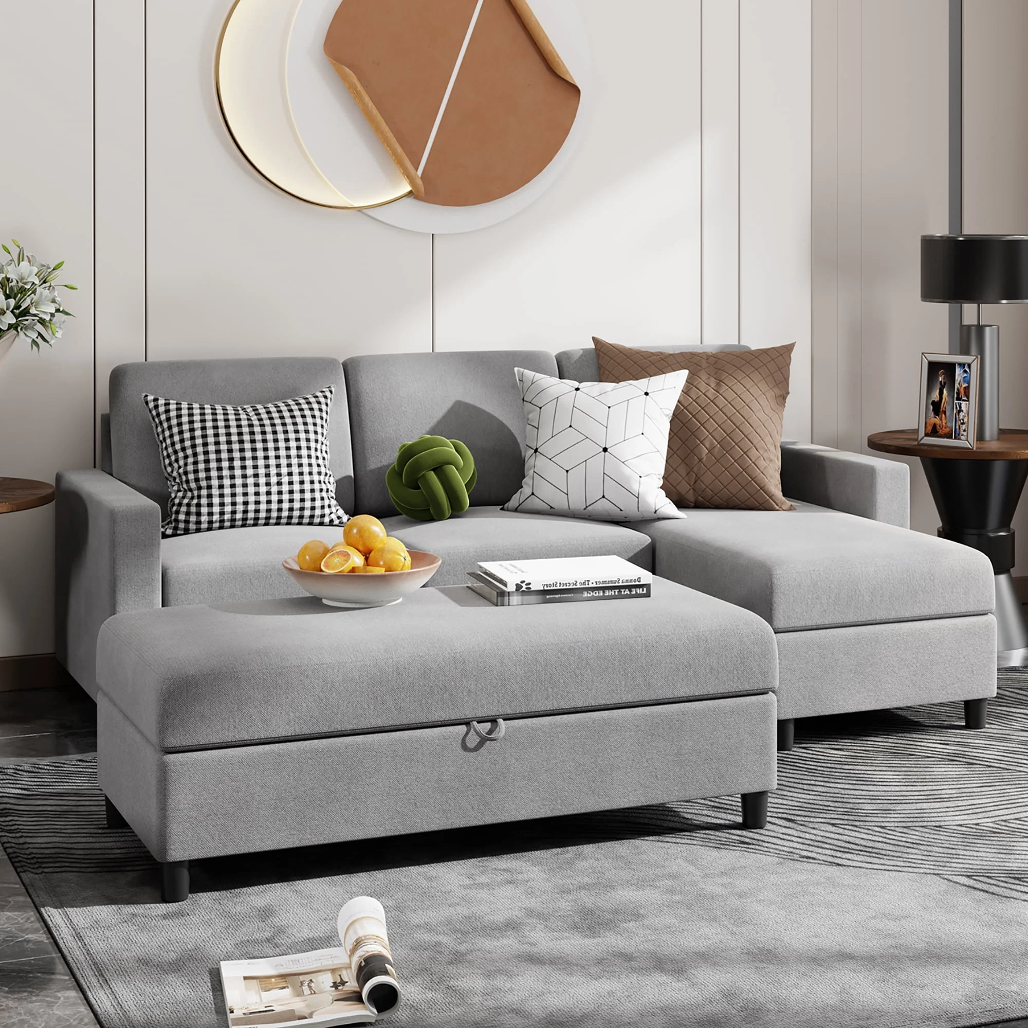 Walsunny Convertible Sectional L-Shaped Sofa with Modern Linen Fabric(Grayish Black) - Womvr