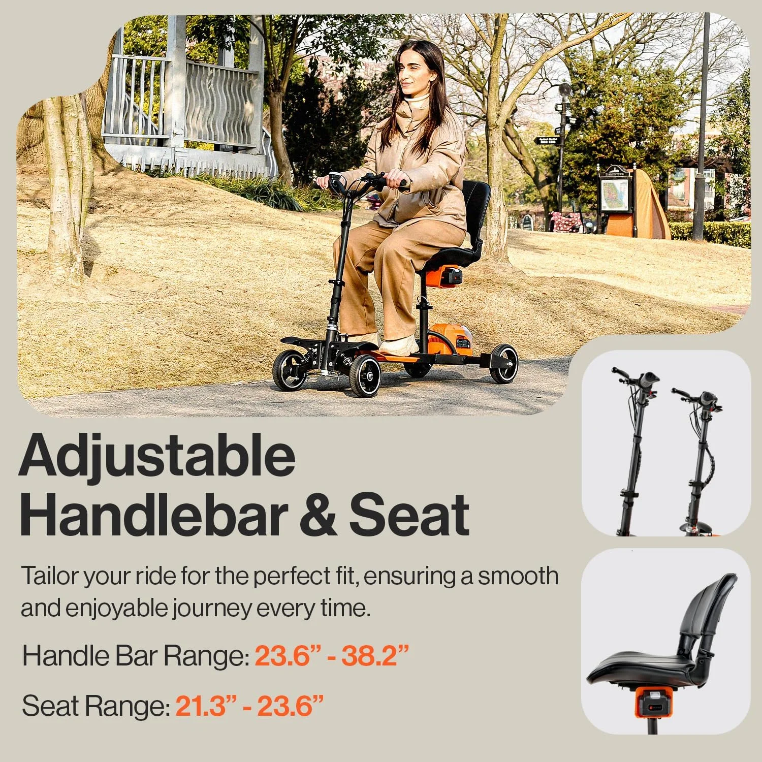 SuperHandy 4-Wheel Mobility Scooter - Lightweight, Foldable, 48V 2Ah Li-Ion Battery, Adjustable, Flat-Free Tires, 330lbs Capacity (Orange & Black) - Womvr