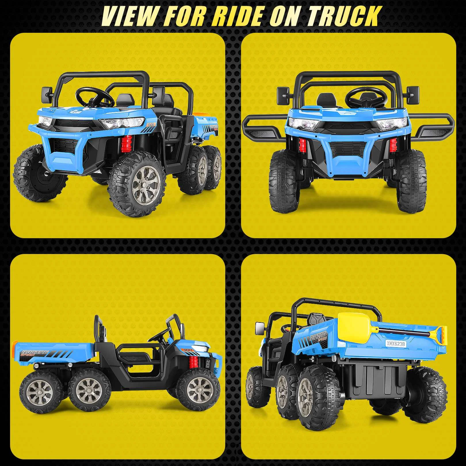 Funcid 24 V 4WD Kids Kids Ride on UTV with Remote Control, 2 Seater 6-Wheel Ride on Dump Truck Car, Ride on Toys w/ Tipping Bucket Trailer & Shovel,Bluetooth Music, Black - Womvr