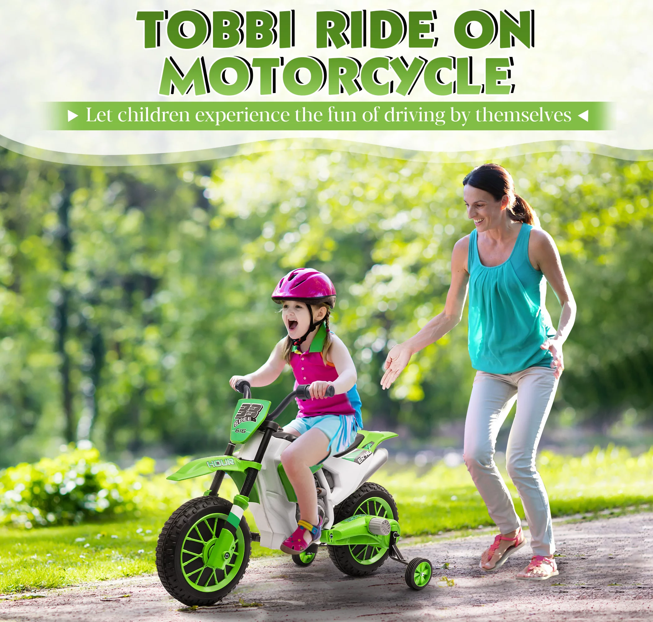 TOBBI 12V Kids Motorcycle off- Road Ride on Dirt Bike W/ Training Wheels, Age 3-8 Toddlers, Green - Womvr