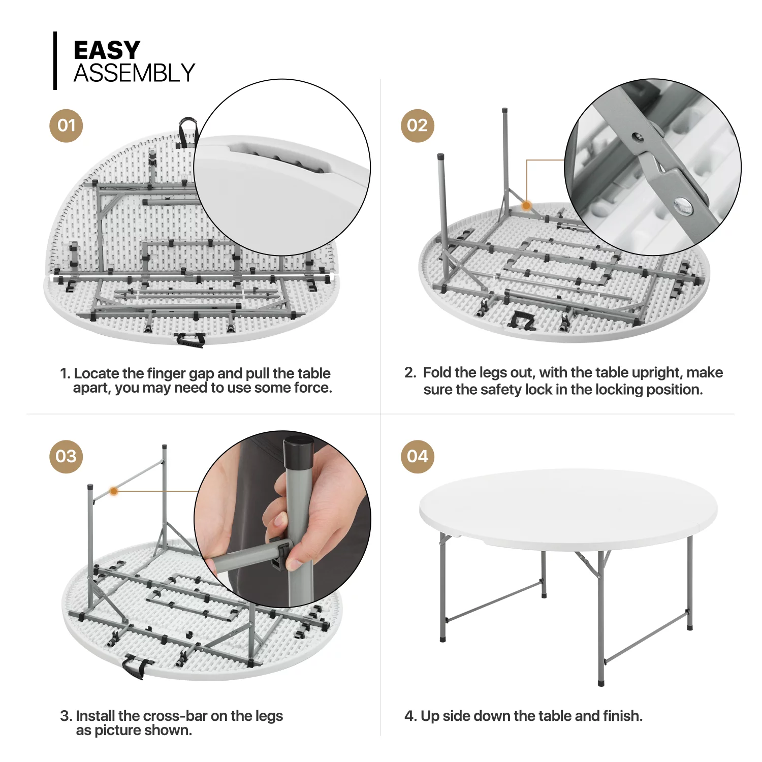 MoNiBloom 5 foot Round Bi-Fold Plastic Table, Metal Frame Indoor Outdoor 60 Inch Foldable Desk for Kitchen Party Wedding, Grey - Womvr