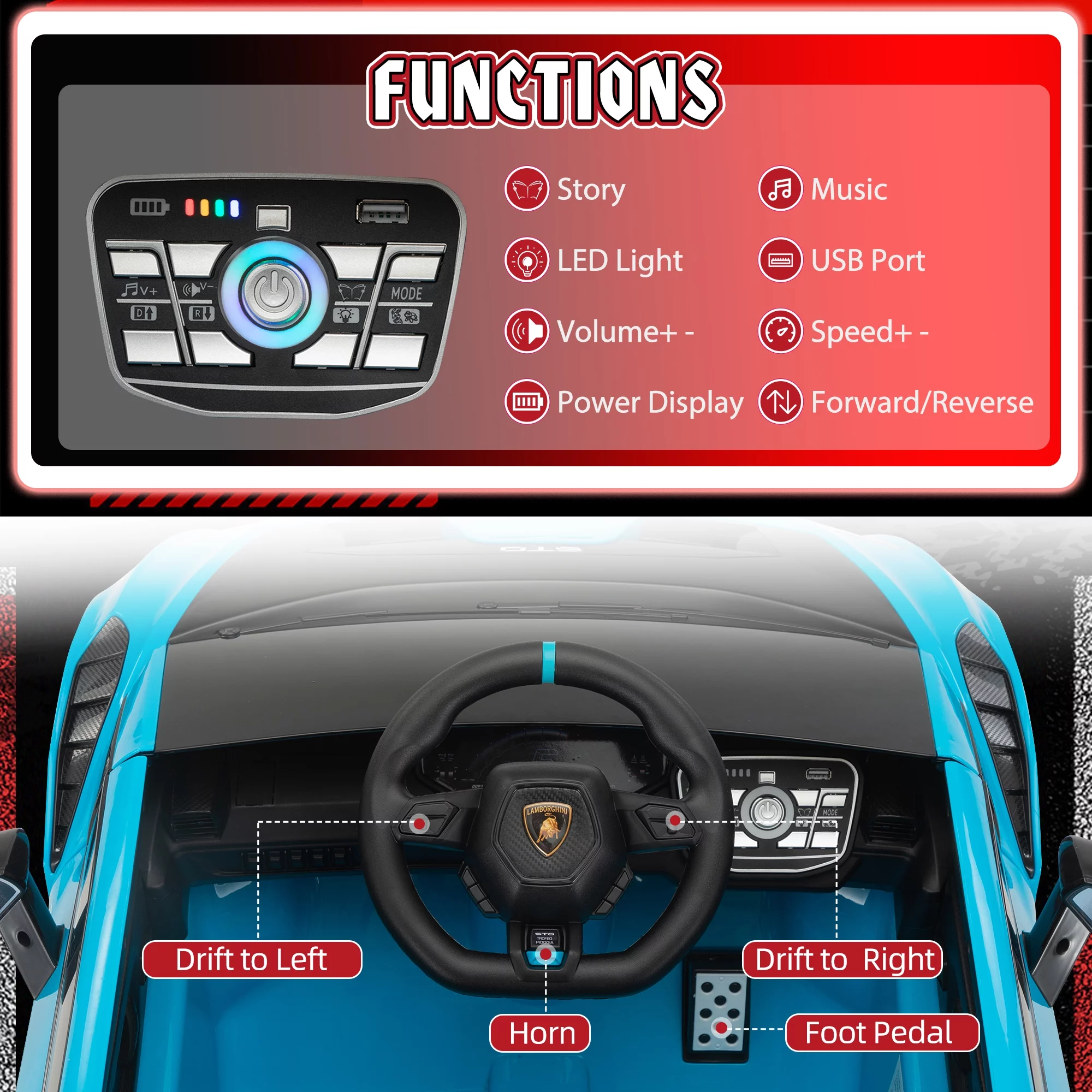 TOBBI 24V Lamborghini STO Licensed Kids Ride on Drift Car Gray Electric Car W/Remote Control LED Lights, up to 10 mph - Womvr