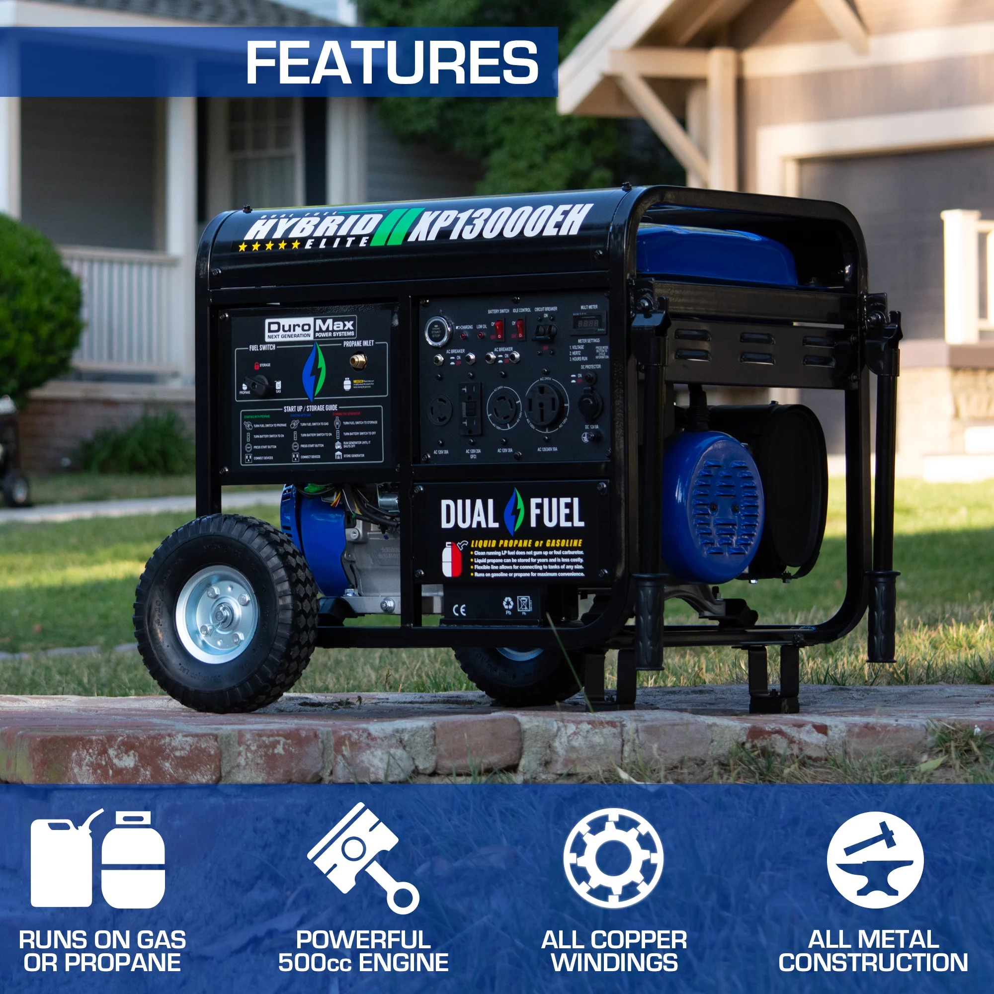 DuroMax XP13000EH 13,000-Watt 500cc Portable Hybrid Gas Propane Generator - Womvr