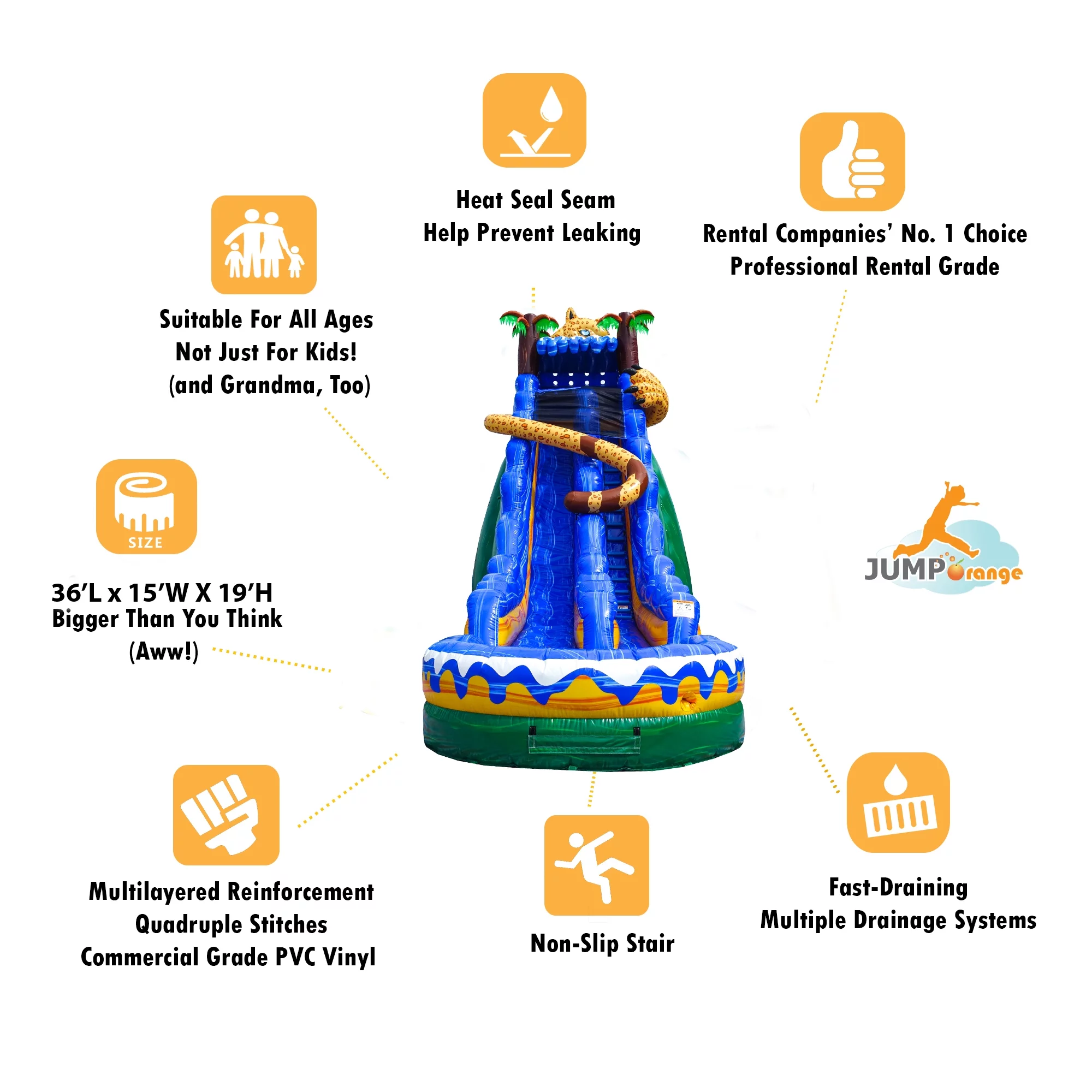 JumpOrange Commercial Grade Water Slide Inflatable with Splash Pool for Kids and Adults (Includes Blower), Jaguar Theme - Womvr
