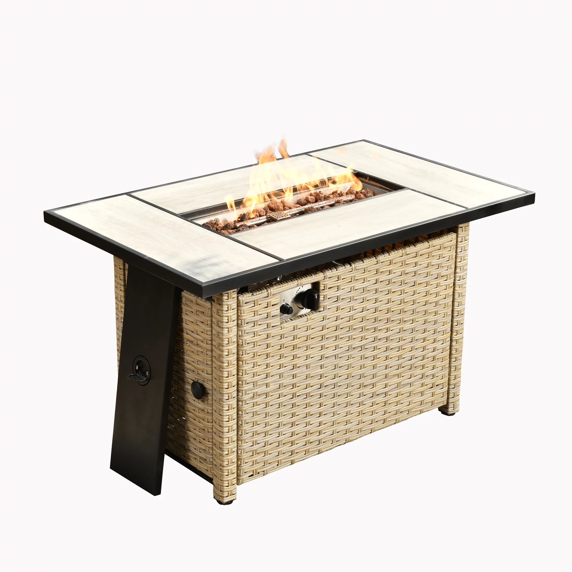 Ovios Outdoor Wicker Propane Fire Pit Table 42-Inch 50,000 BTU Flame Gas Fire Pits for Patio with Waterproof Cover & Lid Rectangle - Womvr