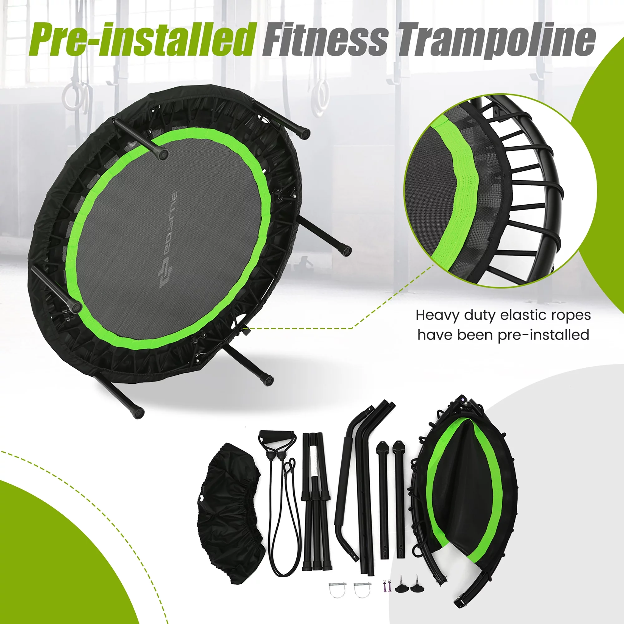 Costway 40'' Foldable Trampoline Fitness Rebounder with Resistance Bands Adjustable Home Green - Womvr