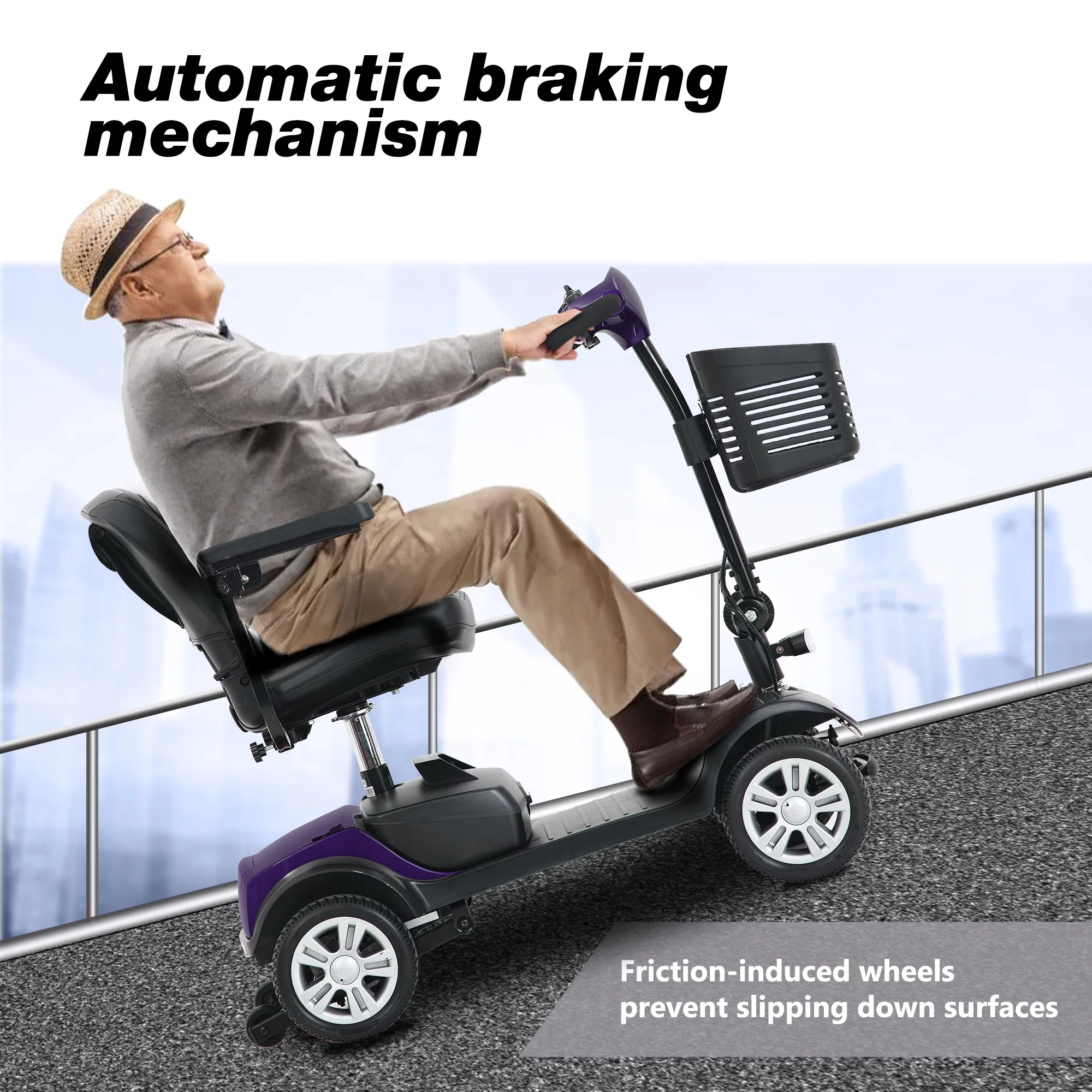 Travel Mobility Scooter, Heavy Duty Electric Scooters with 4 Anti-Tip Wheels, Compact Lightweight Mobility Scooters for Senior Adults Elderly, Foldable Mobility Scooter, Holds 300lbs, Purple - Womvr