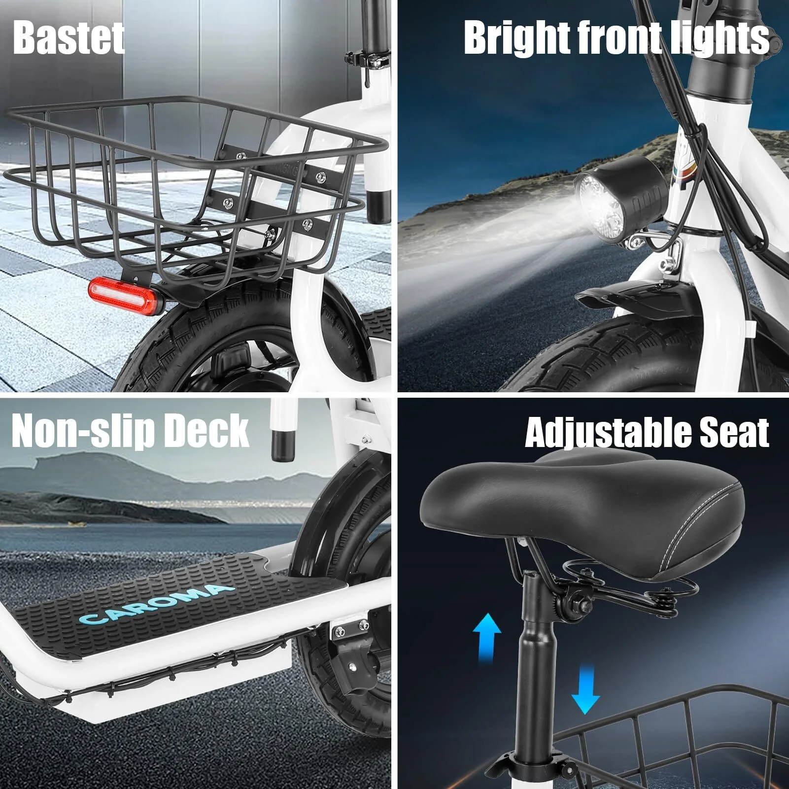 Caroma 500W Electric Scooter with Seat for Adult, 14 inch Commuter Electric Scooter with Dual Shock Absorbers and Basket - Up to 25 Miles 20 MPH, Silver - Womvr