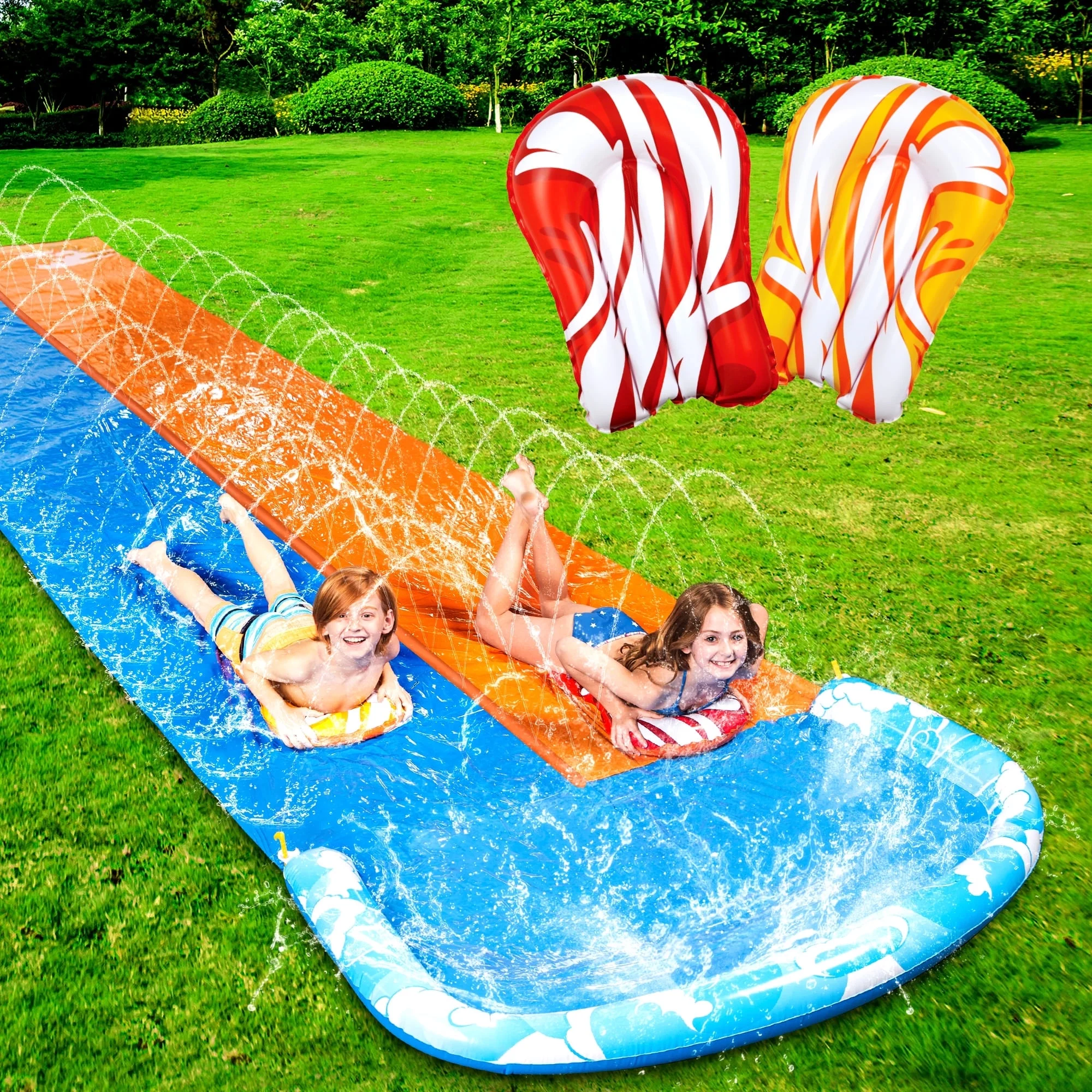 Syncfun 22.5ft Water Slides and 2 Bodyboards, Lawn Backyard Waterslides Water Toy with Build Sprinkler for Kids Outdoor Water Fun - Womvr