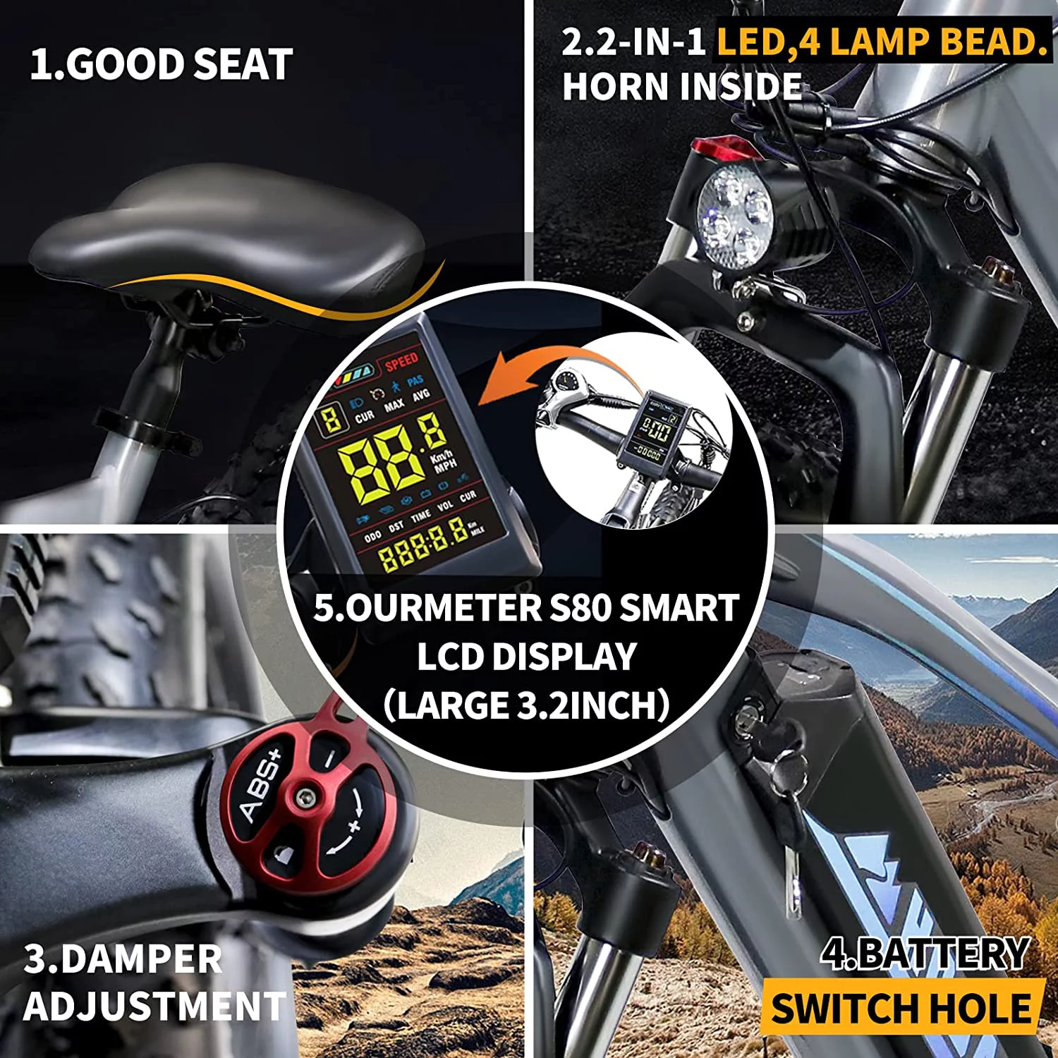 Electric Bike Electric Mountain Bike 500W Ebike26'' Fat Tire Ebike, 28+MPH Adults Ebike with Removable 48V 15Ah Battery, Shimano 6-Speed Grey - Womvr