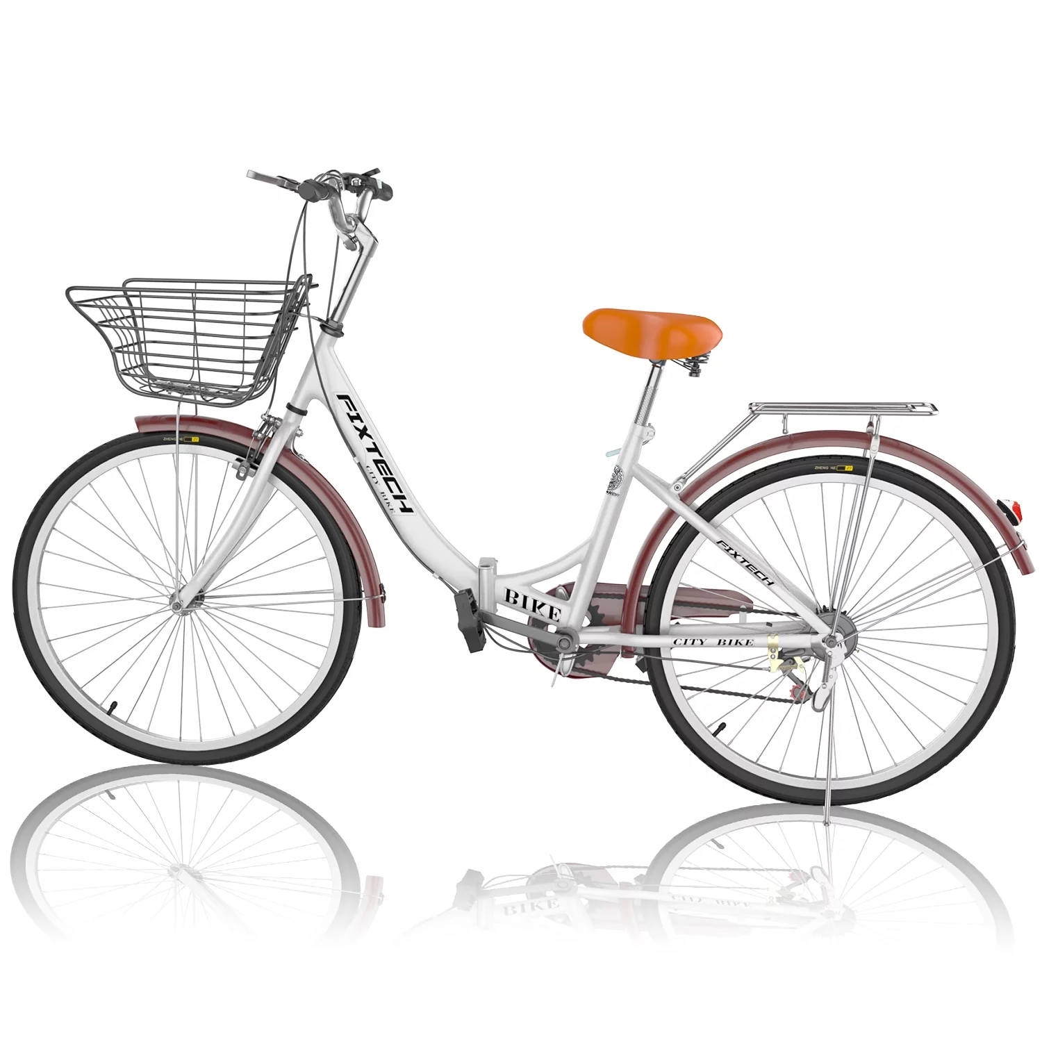 FIXTECH 7 Speed Foldable Comfort Cruiser Bike, 26 inch with Basket for Women and Girls, White - Womvr