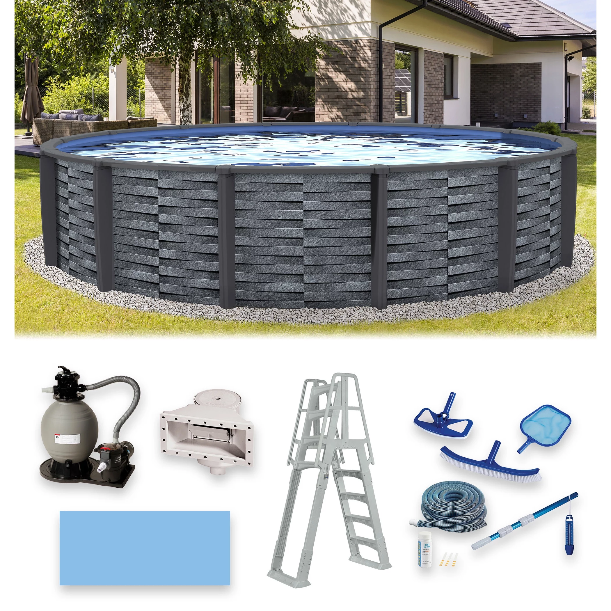 Blue Wave Affinity 15-ft Round 52-in Deep 7-in Top Rail Resin Above Ground Swimming Pool Package - Womvr