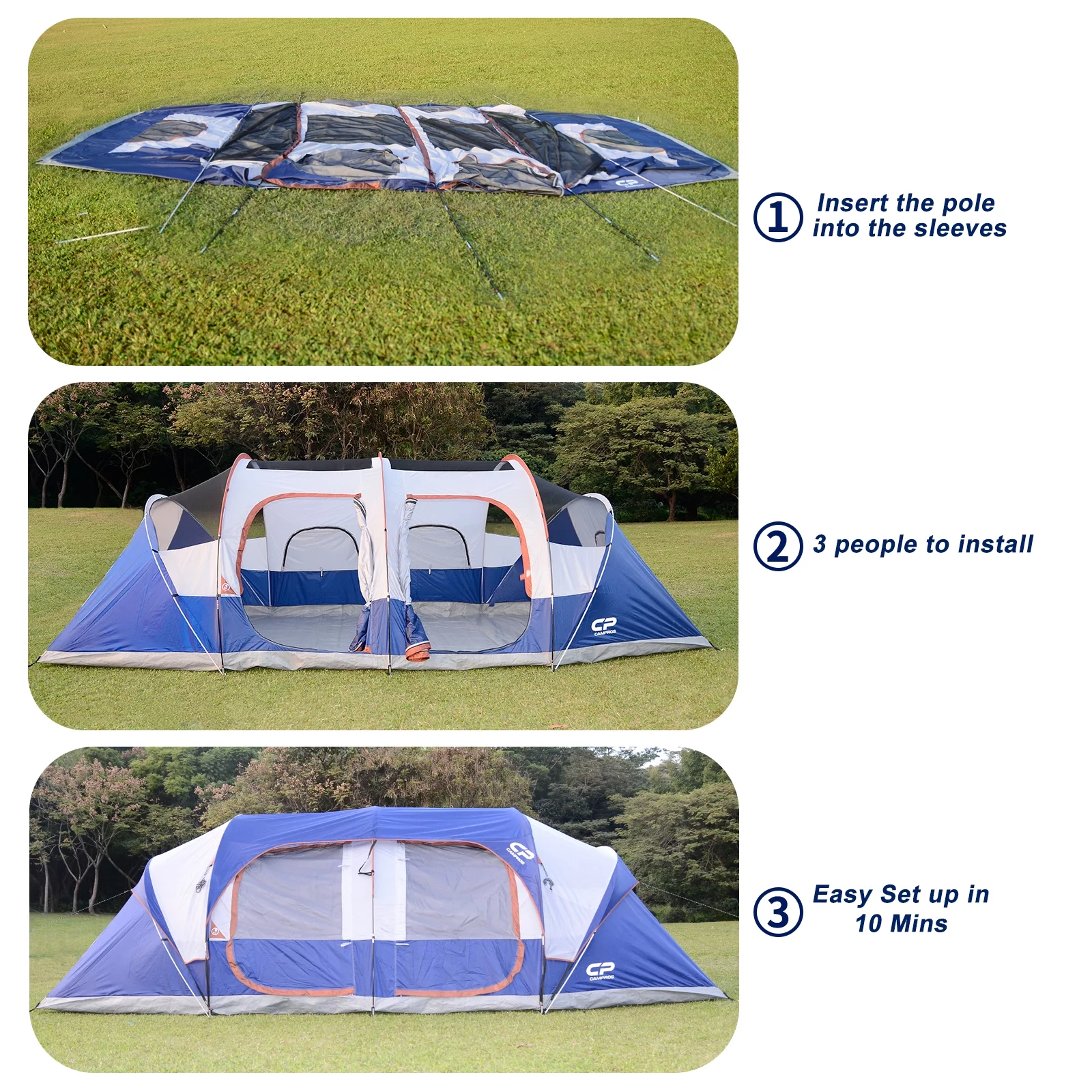 CAMPROS 12 Person Camping Tent, Easy Set up Waterproof Tent, 3 Room, Blue - Womvr