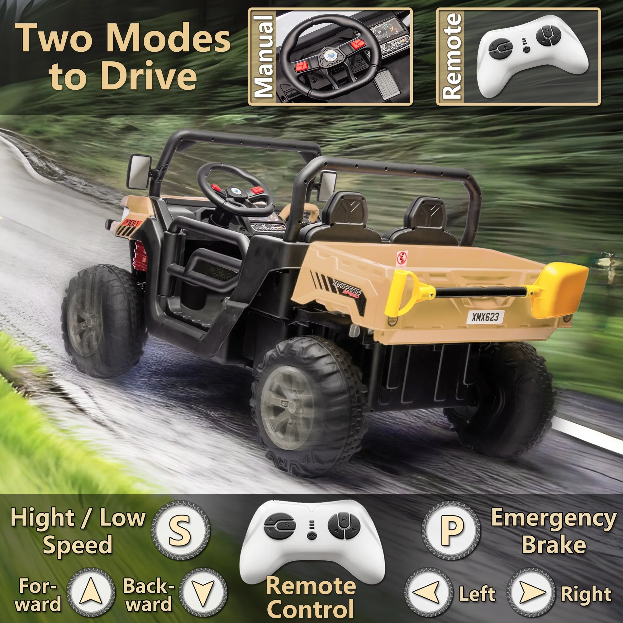 24V 2 Seater Ride on Toys, Ride On UTV with 2x200W Motor Ride On Dump Truck, Ride On Car with Dump Bed/Shovel, Electric Vehicle with Rubber Tires, LED Light, Music, Remote Control, Black - Womvr