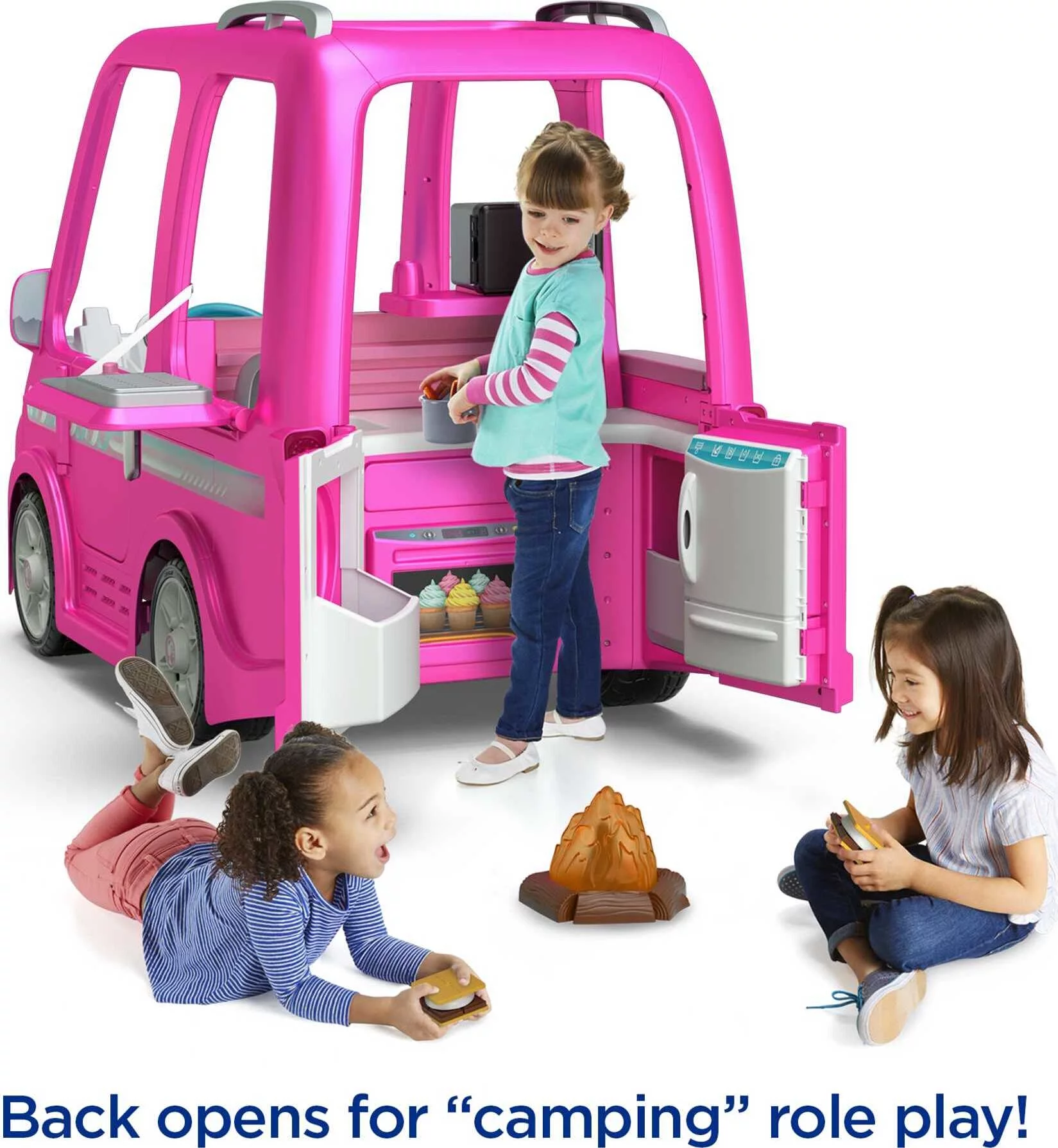 12V Power Wheels Barbie Dream Camper Battery-Powered Ride-On with Music Sounds & 14 Accessories - Womvr