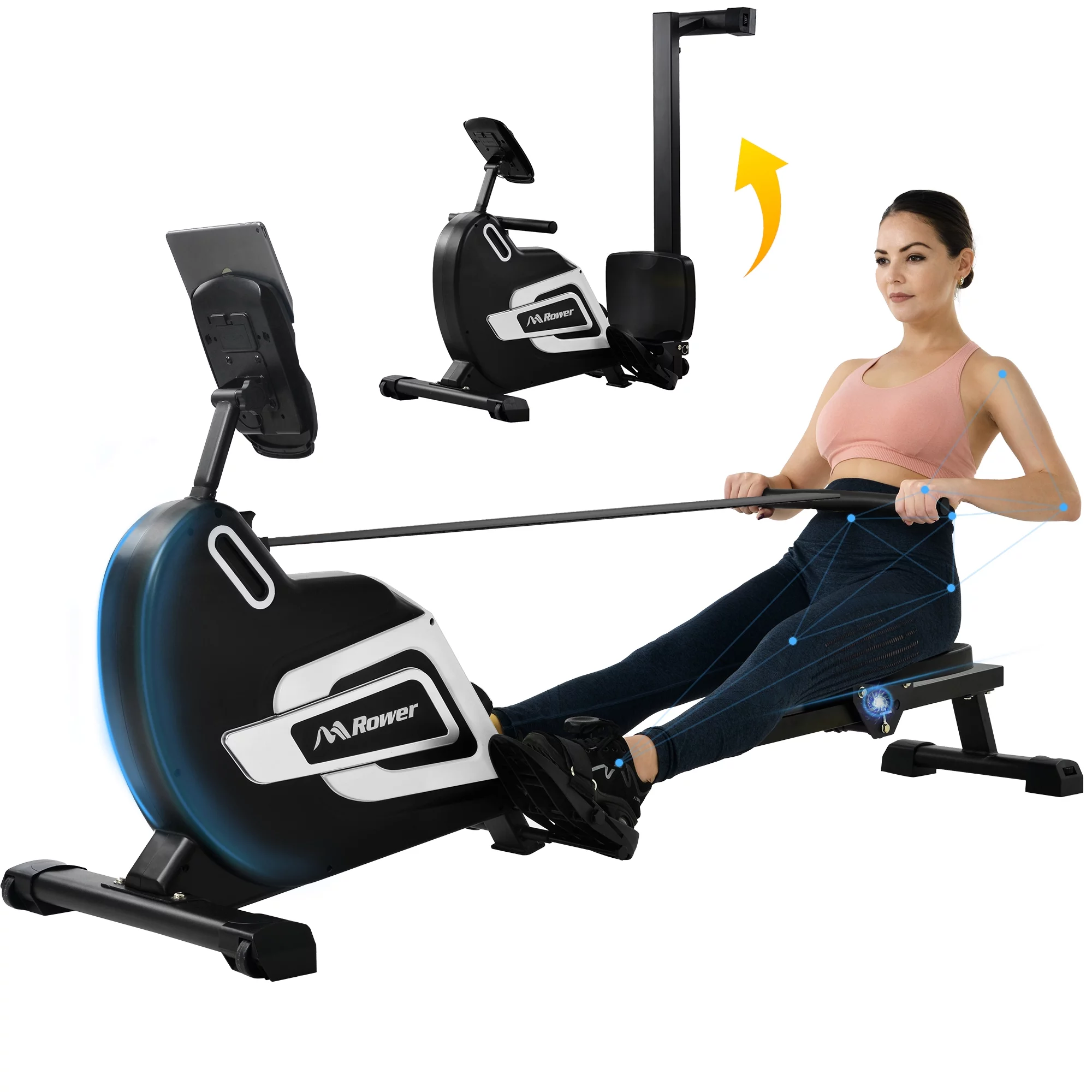 MS Rowing Machine Folding Rower with 14 Levels of Resistance Adjustable LCD Monitor and Tablet Holder - Womvr