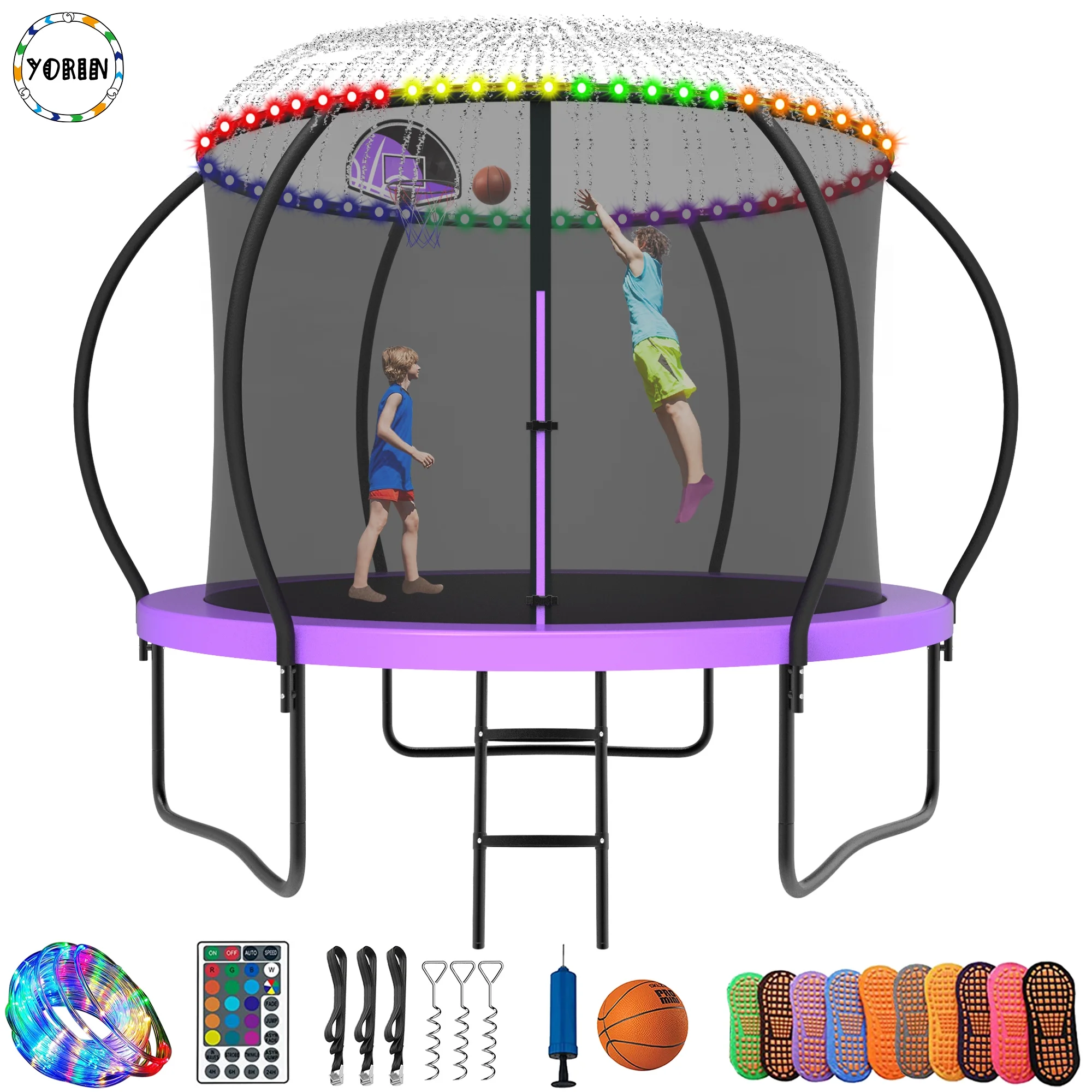 YORIN Trampoline for 2-3 Kids, 8FT 10FT Trampoline for Adults with Enclosure Net, Basketball Hoop, Ladder, 800LBS Outdoor Recreational Trampoline with Light, Sprinkler, Socks, Heavy Duty Trampoline - Womvr