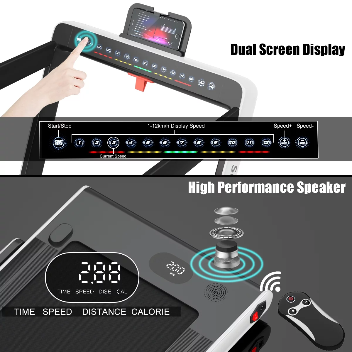 SuperFit Up To 7.5MPH 2.25HP 2 in 1 Dual Display Screen Folding Treadmill Jogging Machine W/APP Control Silver - Womvr