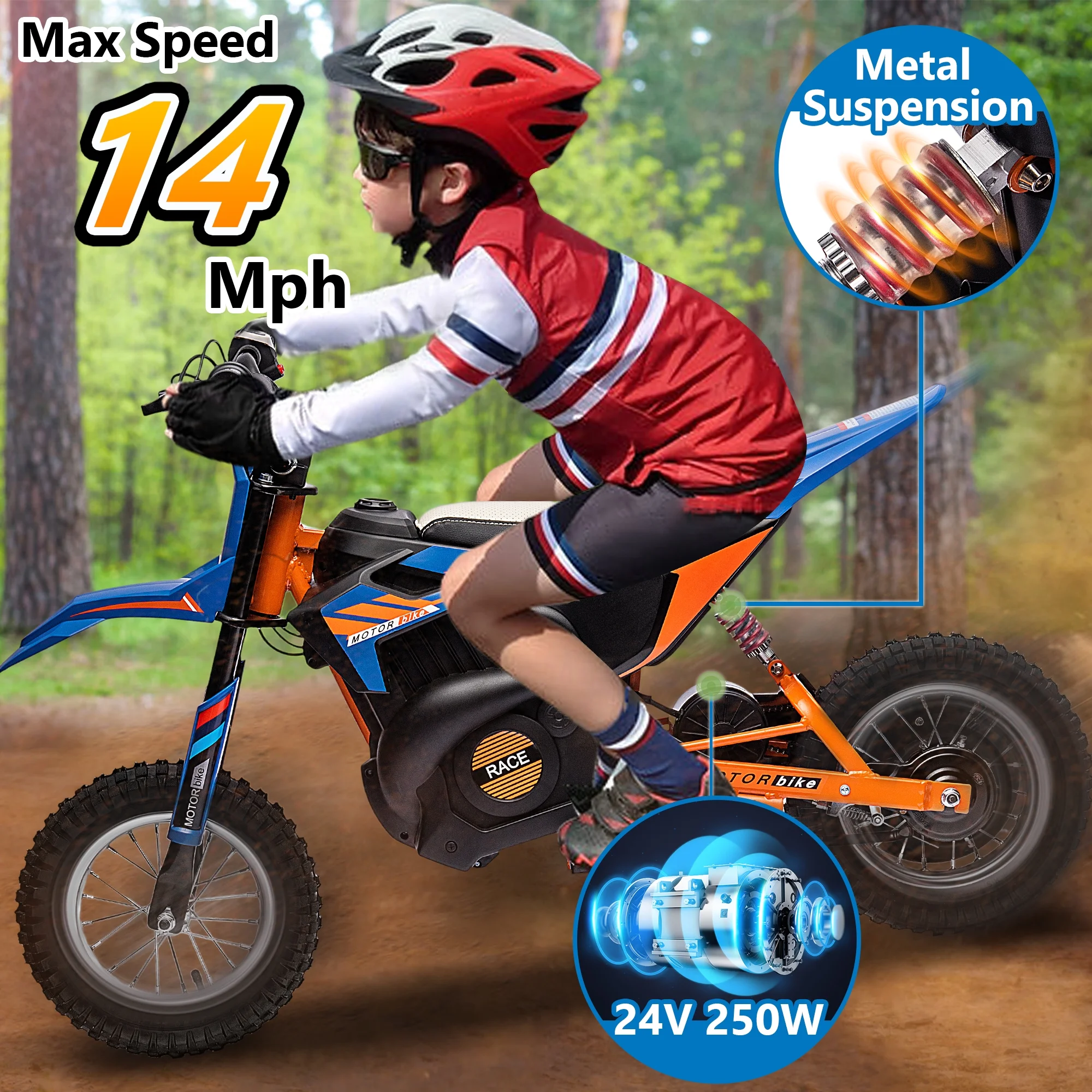 Wisairt 24V Dirt Electric Ride on Motocross Bike for Kids and Teens 13+ Between 40 and 140 lbs(Blue & Orange) - Womvr