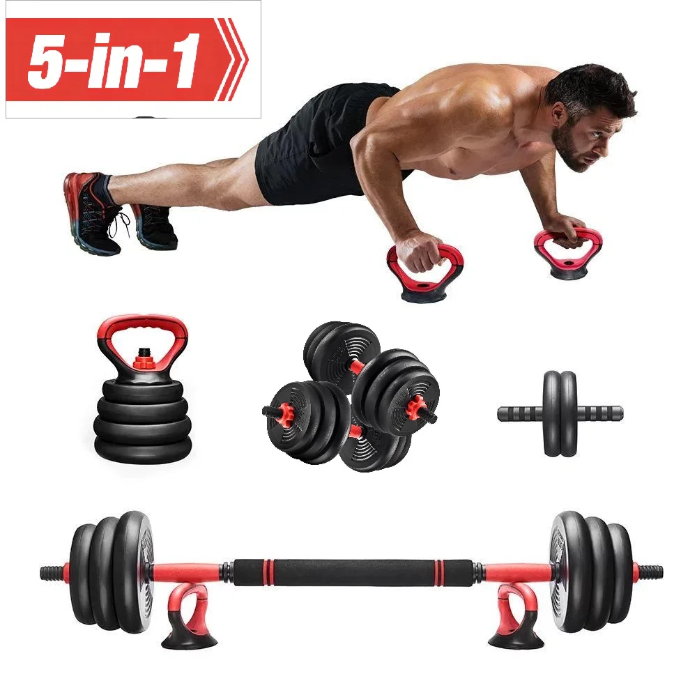 Pithage 5 in 1 Dumbbell Barbell Kettlebell Set 40LB Adjustable Free Weight Set  for Home Gym, Black - Womvr