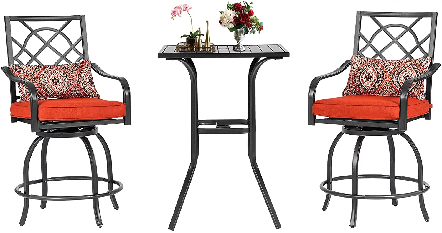 SOLAURA 3 Pieces Outdoor Patio Bar Height Bistro Set with Metal Swivel Bar Stools and Height Table, Black - Womvr