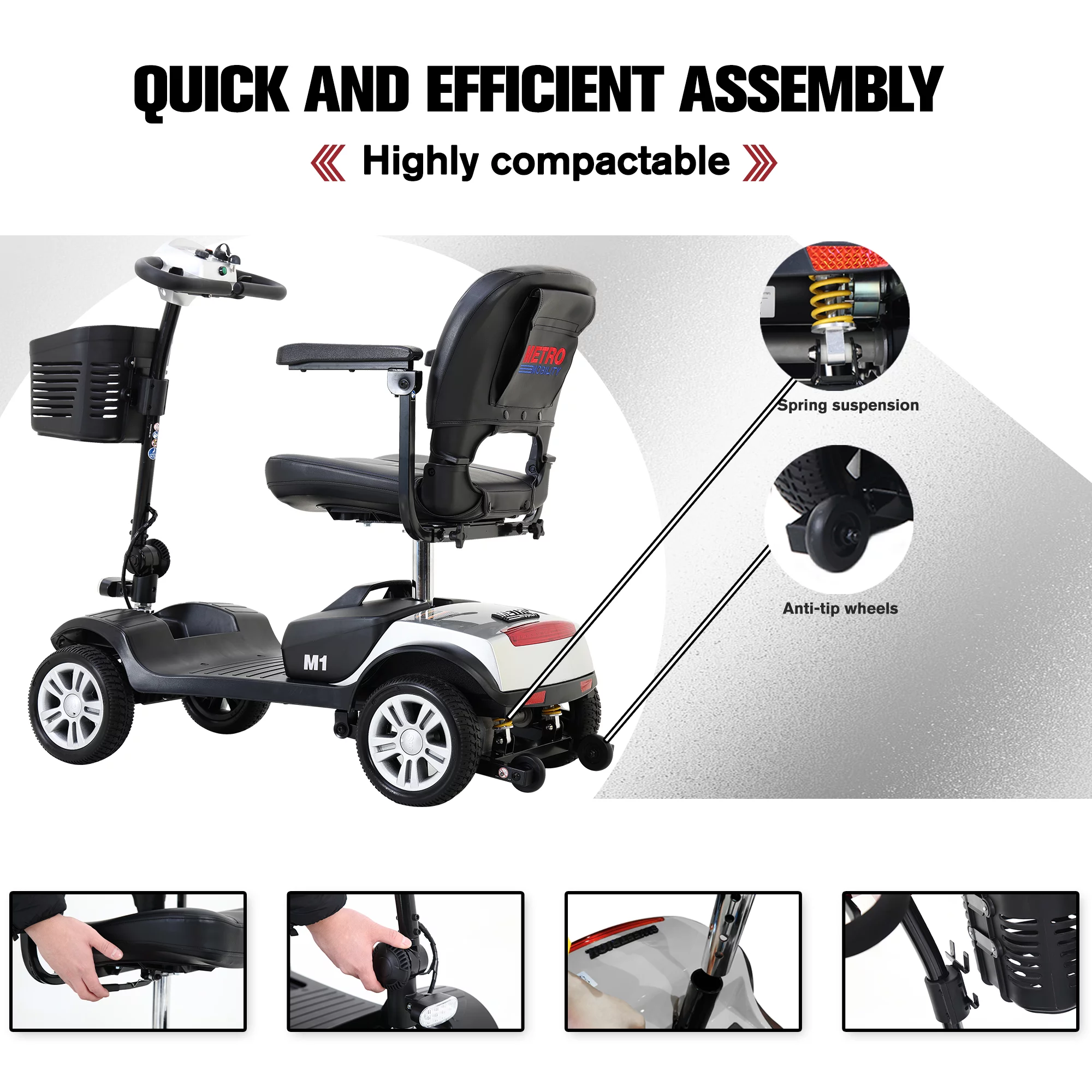 Electric Mobility Scooter for Adults and Seniors - 300 lbs Max Weight, 4-Wheel Powered Mobility Scooters Wheelchair Device for Travel, Elderly (with Head Light-White) - Womvr
