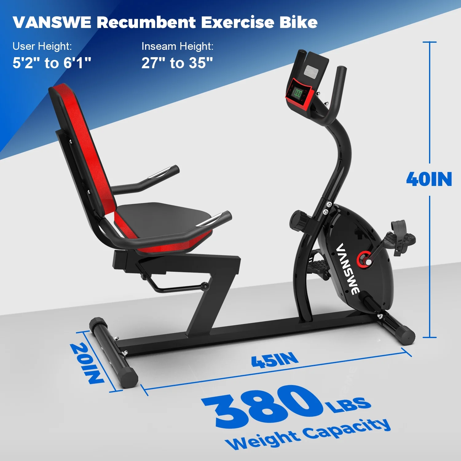 Vanswe Recumbent Exercise Bike 16 Levels Resistance Maximum Weight 380 lbs.  Magnetic Recumbent Stationary Bike - Womvr