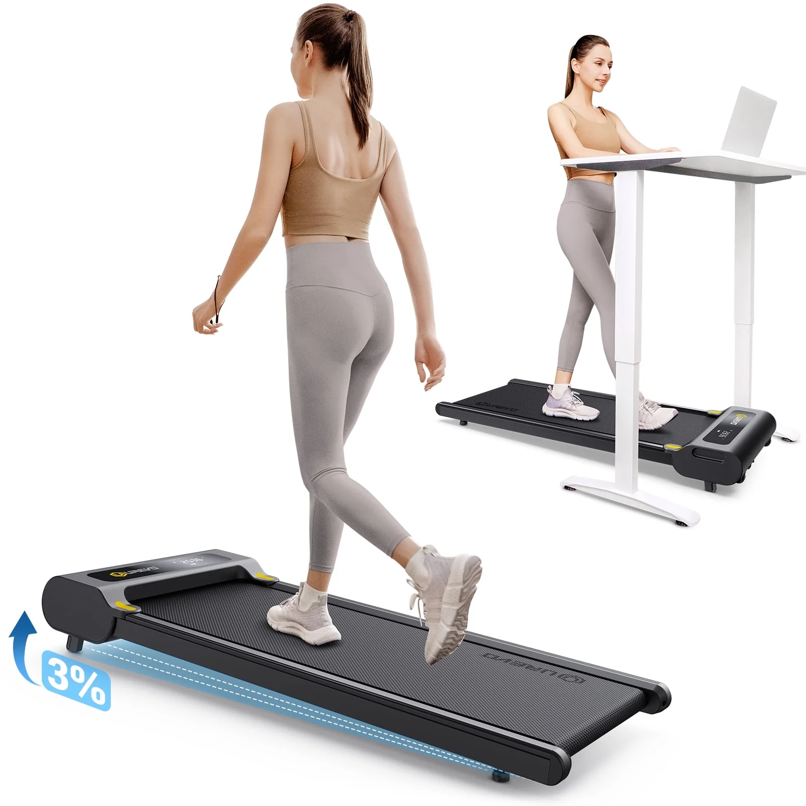 Walking Pad 2 in 1 Under Desk Treadmill with Remote Control Mini Portable Treadmill for Home Office - Womvr