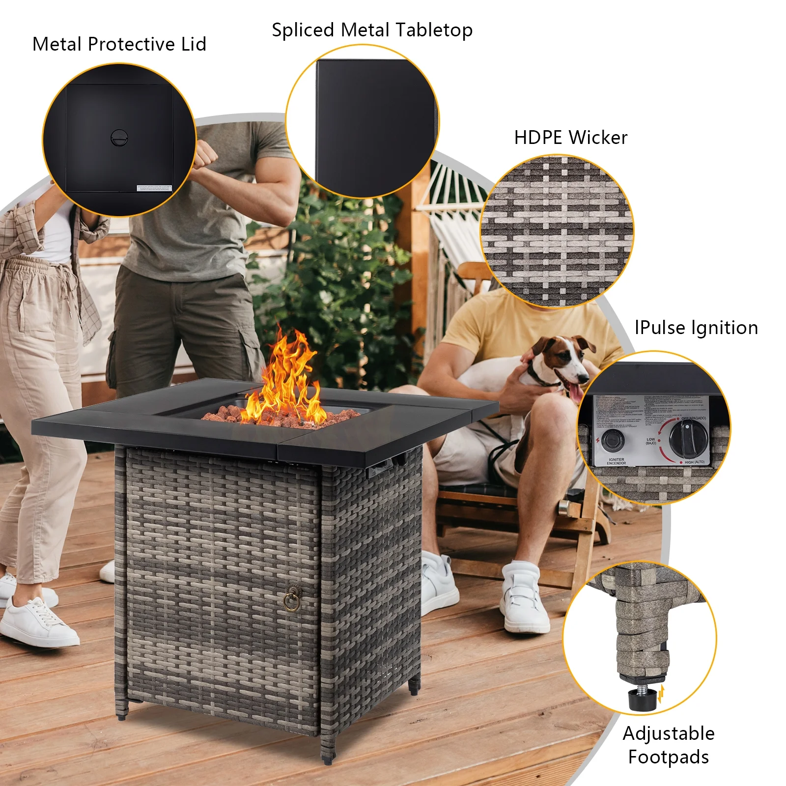 2-in-1 Propane Fire Pit Table, Outdoor Table with Fire Pit, 28