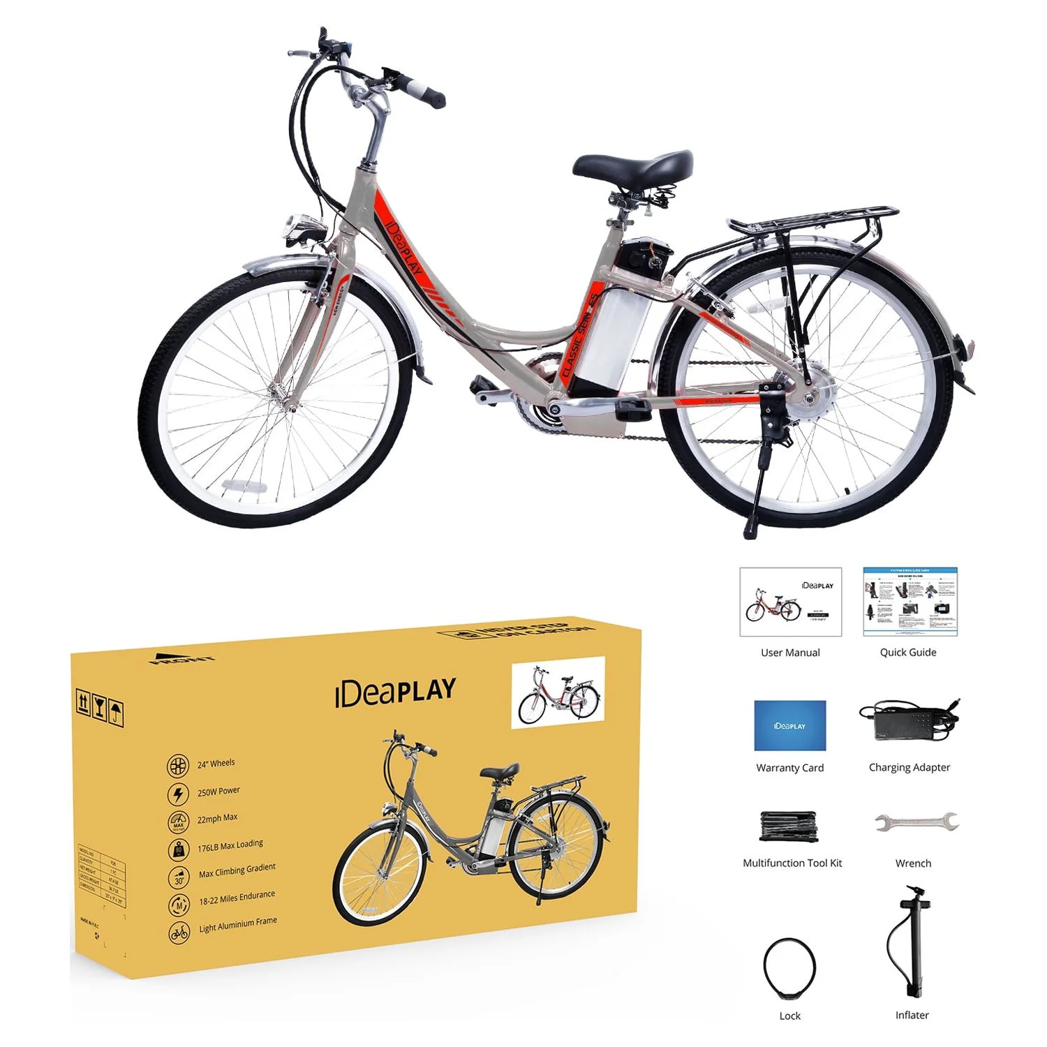 IDEAPLAY P20 24 inch Electric Bike for Adults, 250W Electric Commuter Bicycle with 3 Riding Modes Ebike for Women Men, Gray - Womvr