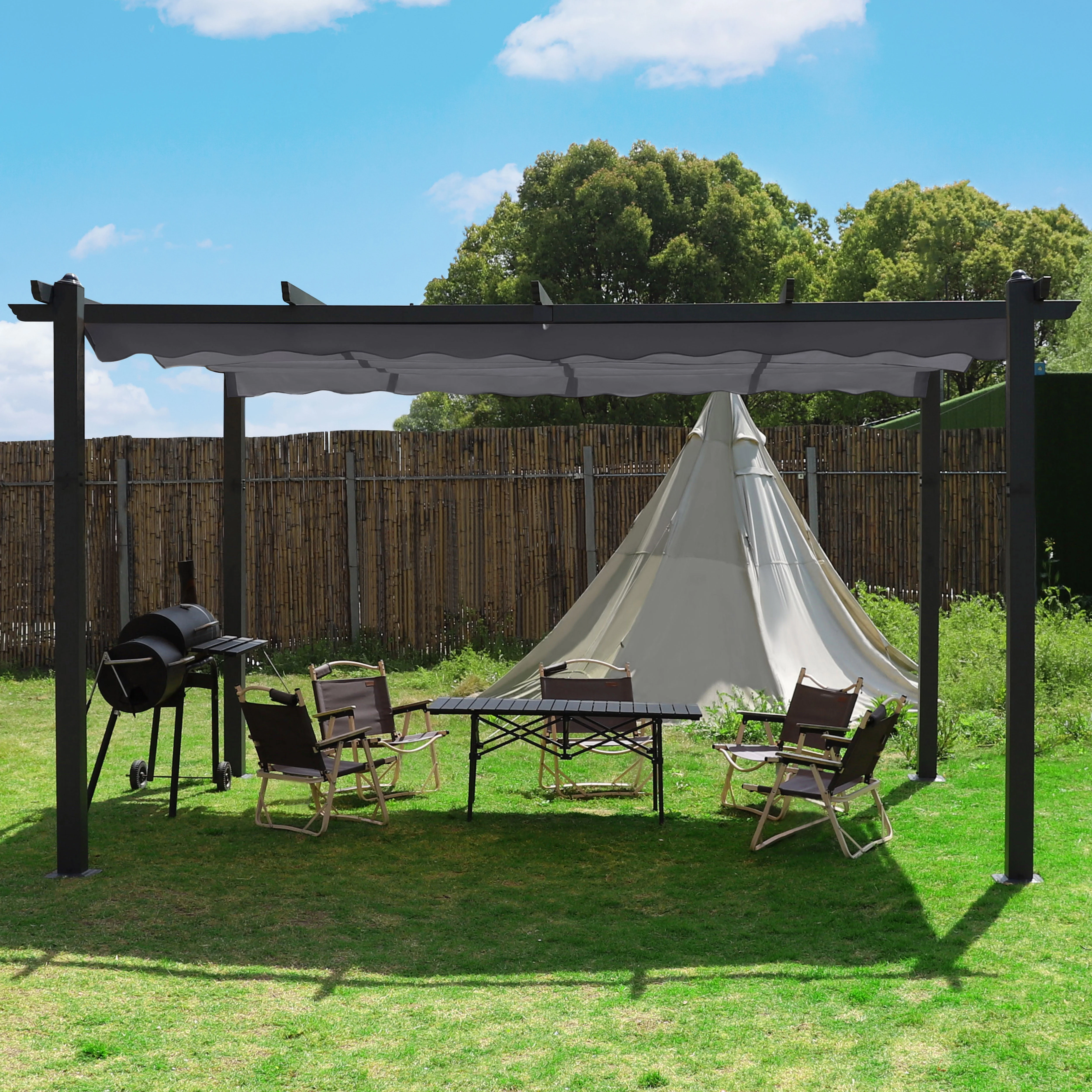 VEIKOUS 10' x 10' Outdoor Metal Pergola, Aluminum Gazebo w/Retractable Canopy for Patio, Gray - Womvr