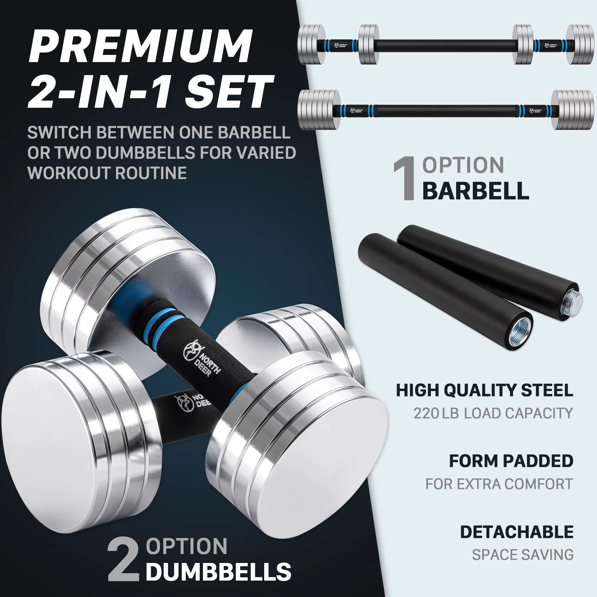 Northdeer 2.0 Upgraded Adjustable Dumbbell Set, 40Lbs Adjustable Weight Set with Connector, 2 in 1 Steel Dumbbell Barbell Set, Home Gym Workout Hand Weights for Women and Men, Sliver - Womvr