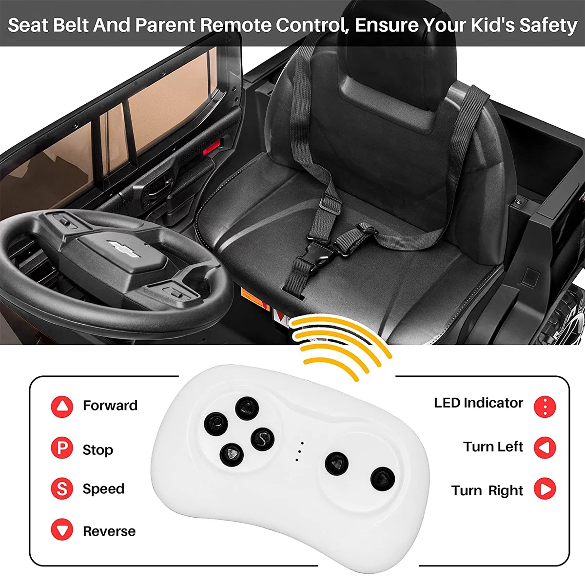 FUNTOK Licensed Chevrolet Silverado 12V Kids Electric Powered Ride on Toy Car with Remote Control & Music Player, Black - Womvr