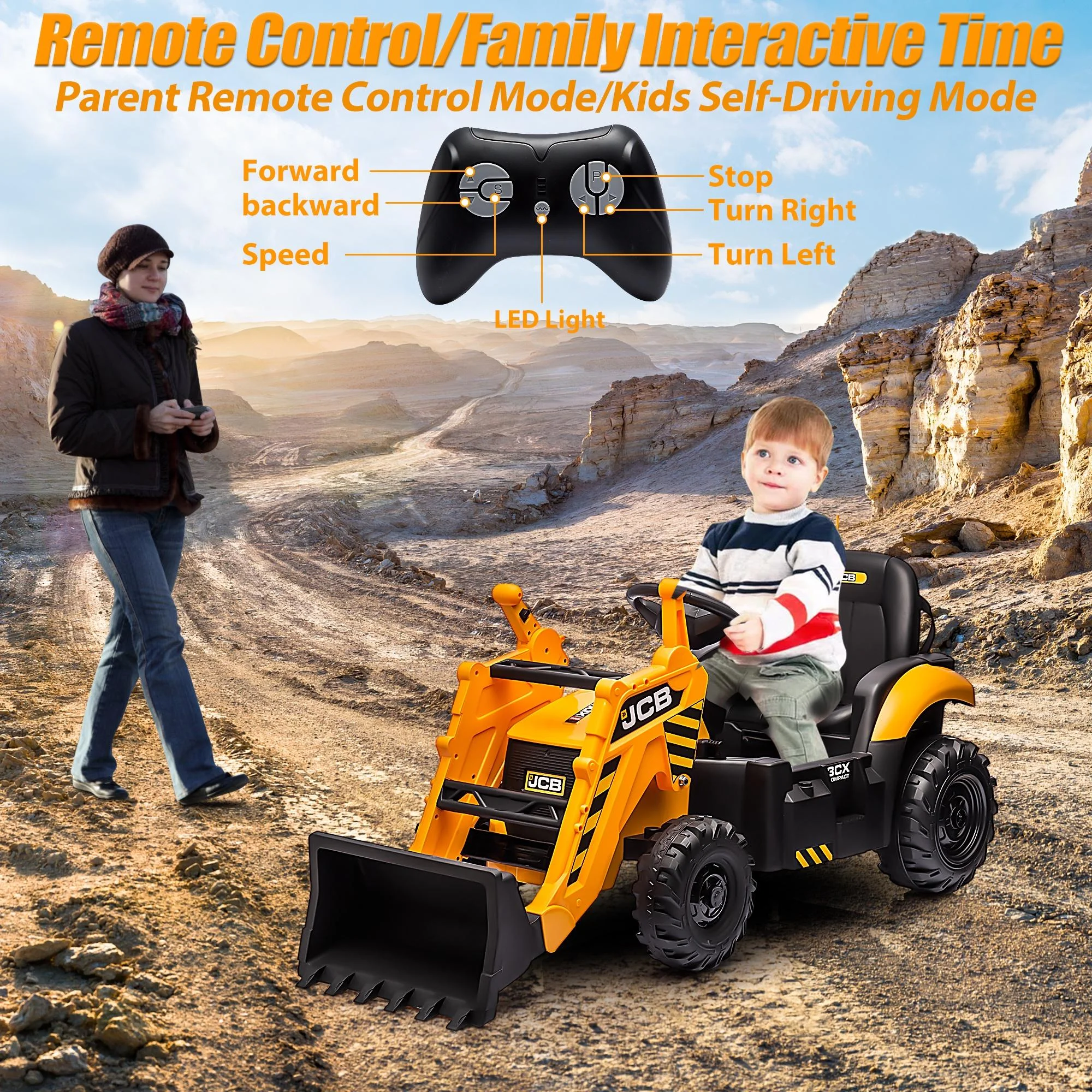 JCB 24V Ride on Excavator with Front&Back Loader 3in1 Kids Ride on Car with Remote Control Electric Construction for 3-6 Years Old Boys and Girls, Backhoe Ride on, Yellow - Womvr