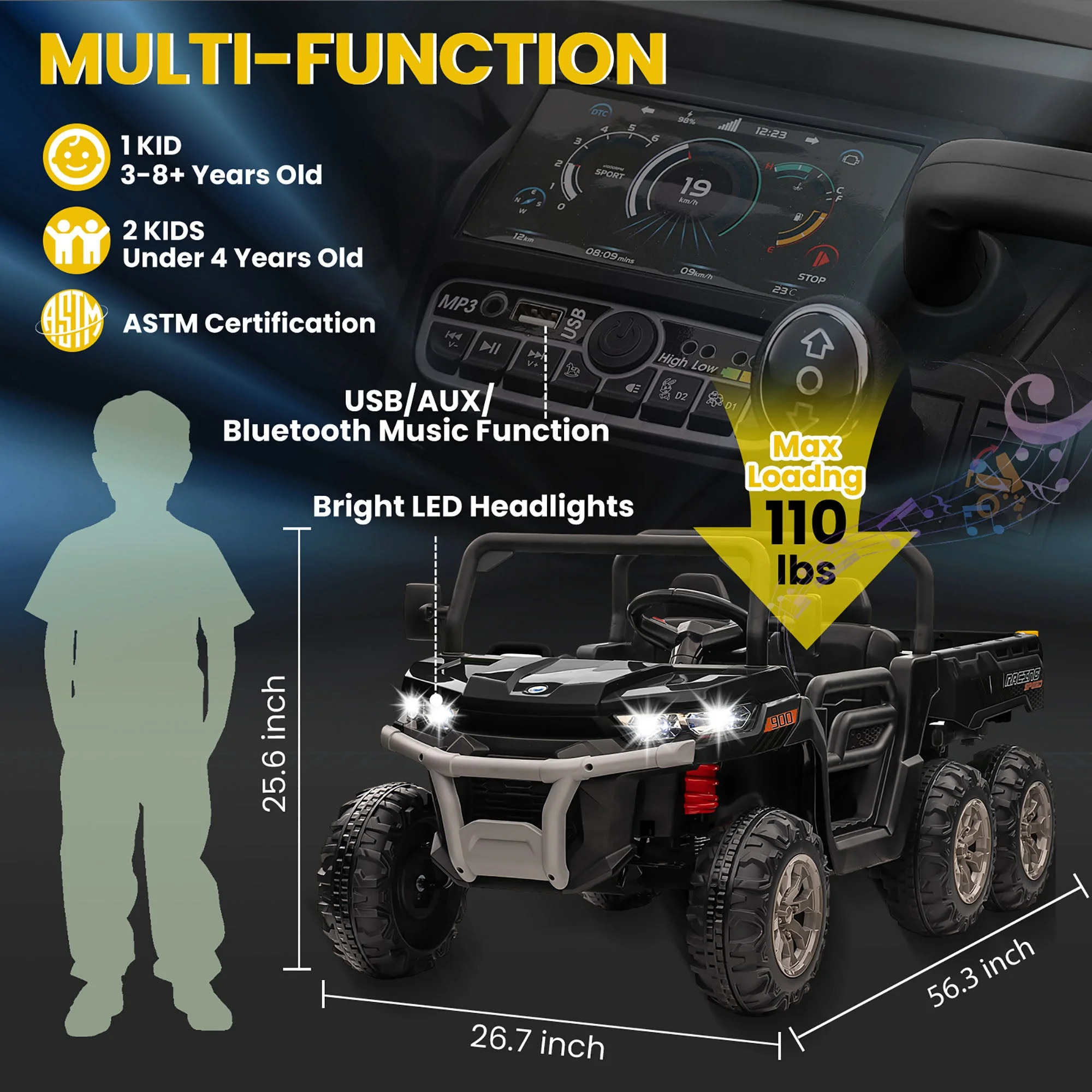 Joyracer 24V Ride on Toys, 2 Seater 6-Wheel UTV Car, 4WD Ride on Dump Truck for Big Kids with Trailer Remote Control, Black - Womvr