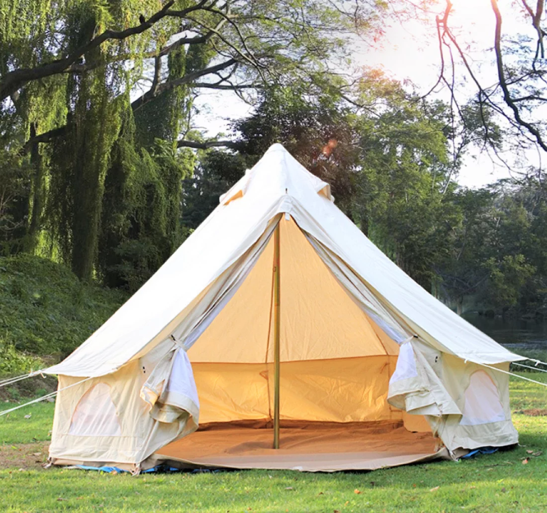 Teepee Tent Outdoor Waterproof 4-Season Family Camping Cotton Canvas Yurt Tent 4M/13.1ft Bell Tent With Stove Hole (Side Wall), For Family Glamping - Womvr