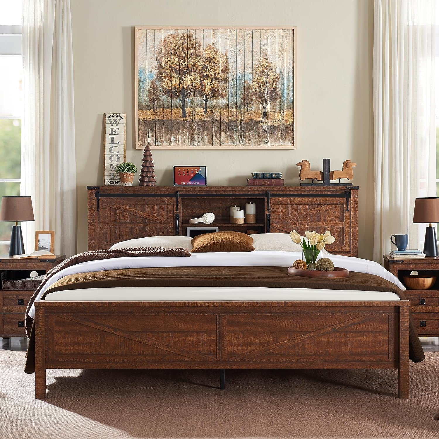 OKD Farmhouse Full Bed Frame, Wood Platform Bed with Bookcase Storage Headboard and Charging Station, No Box Spring Needed, Light Rustic Oak - Womvr