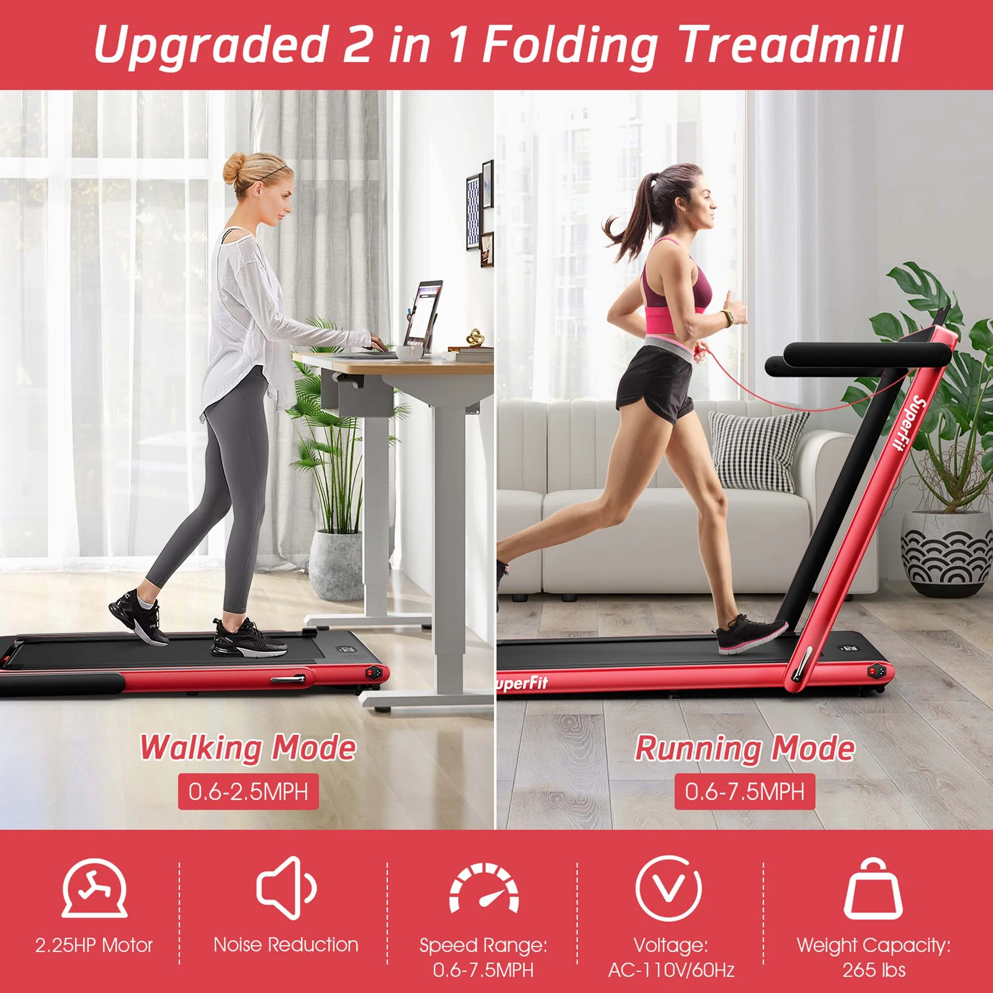 SuperFit Up To 7.5MPH 2.25HP 2 in 1 Dual Display Screen Folding Treadmill Jogging Machine W/APP Control Silver - Womvr