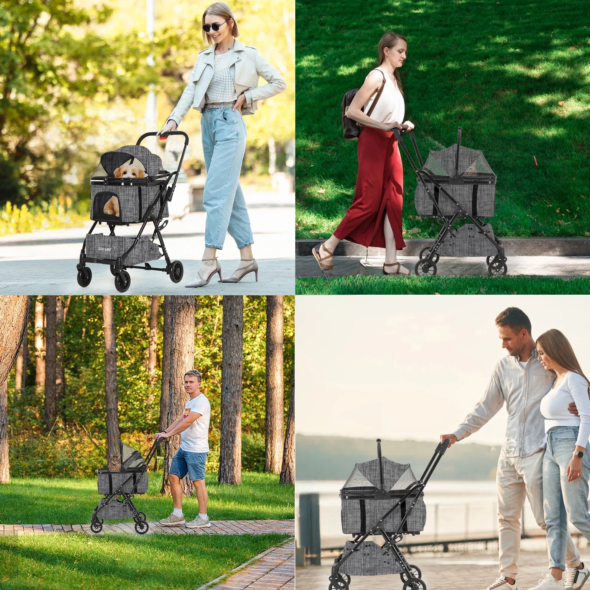 Zoolike Pet Stroller, Dog Cat Stroller 3-in-1 Detachable Doggy Stroller for Small Medium Dogs 4 Wheel Dog Travel Jogger Cart Cat Walker Foldable Wagons for Doggy Rabbit Puppy, Gray - Womvr