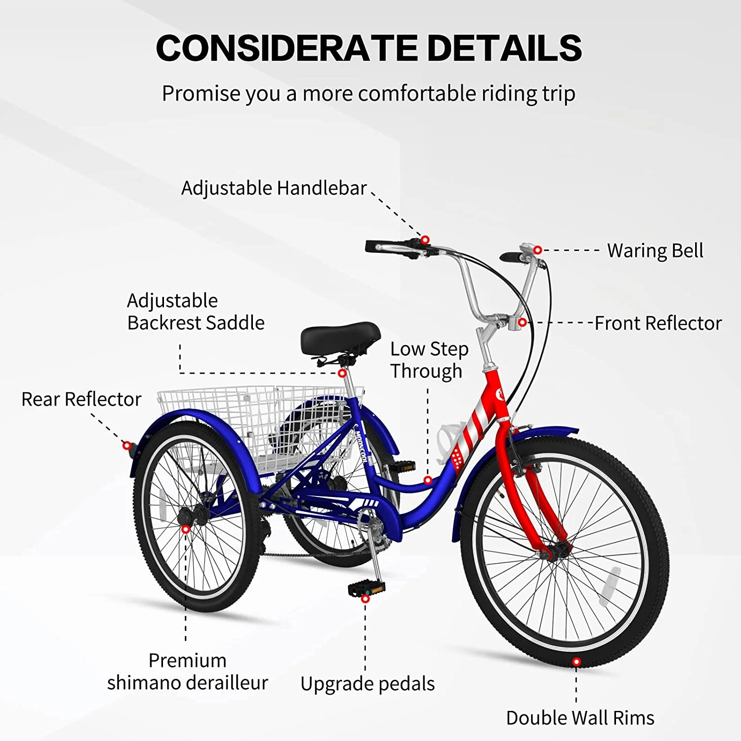 MOONCOOL Adult Tricycles, 3 Wheel 7 Speed Trikes, 20/24/26 inch Adult Trikes 3 Wheeled Bike with Basket for Seniors, Women, Men - Womvr