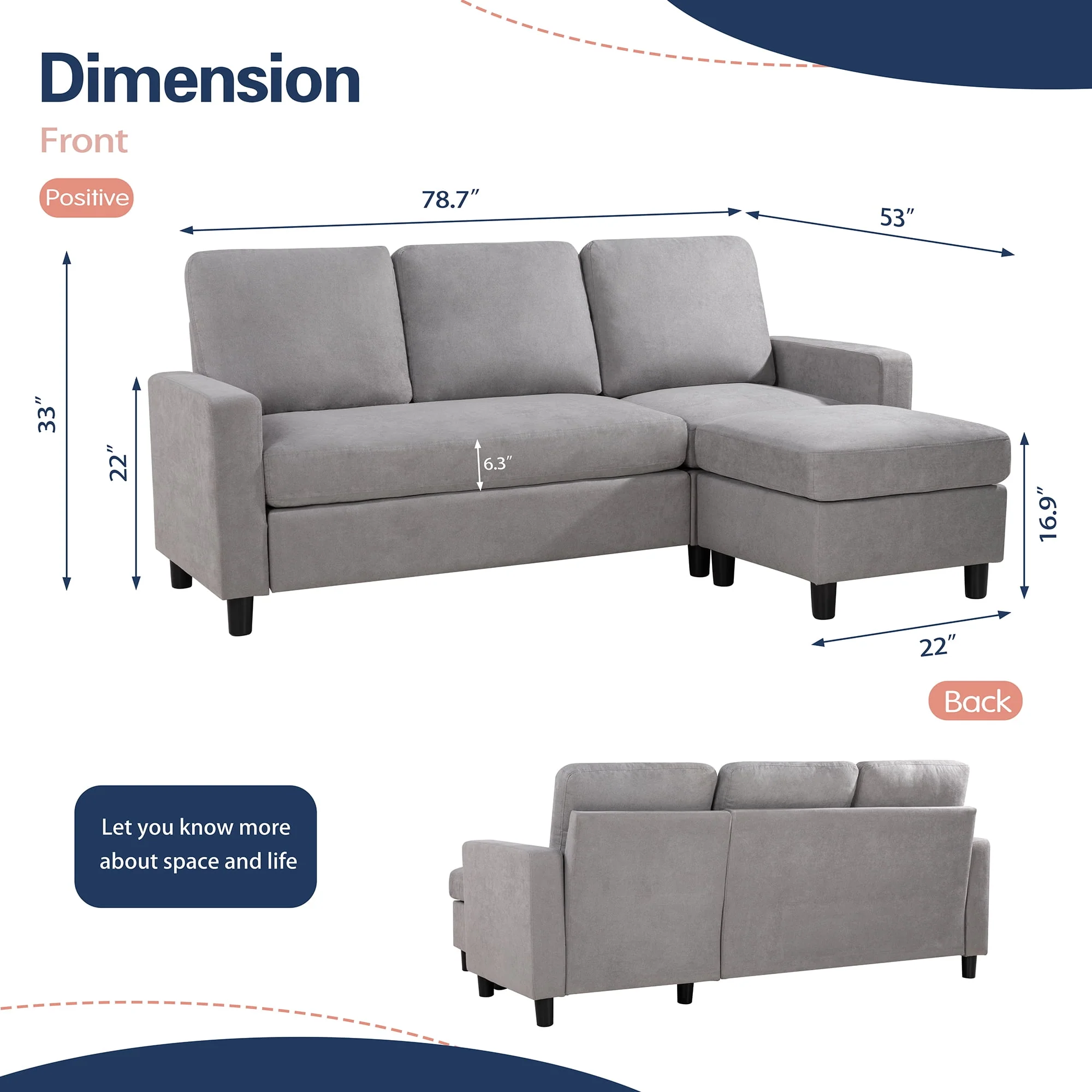 Walsunny Convertible Sectional L-Shaped Sofa with Modern Linen Fabric(Grayish Black) - Womvr