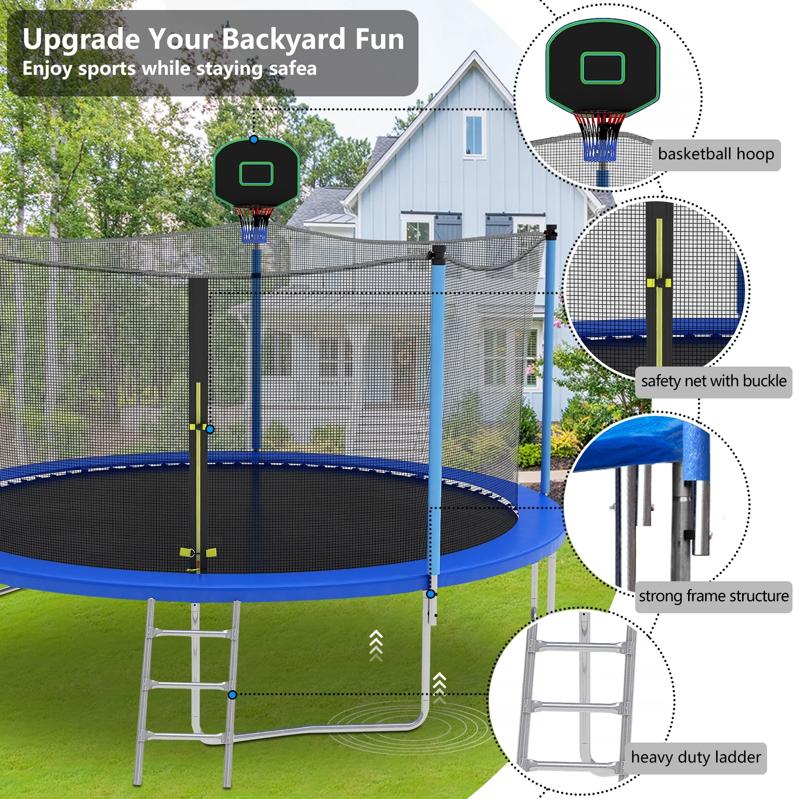 SEGMART 14FT Blue Trampoline for Kids with Basketball Hoop and Enclosure Net/Ladder, Blue - Womvr