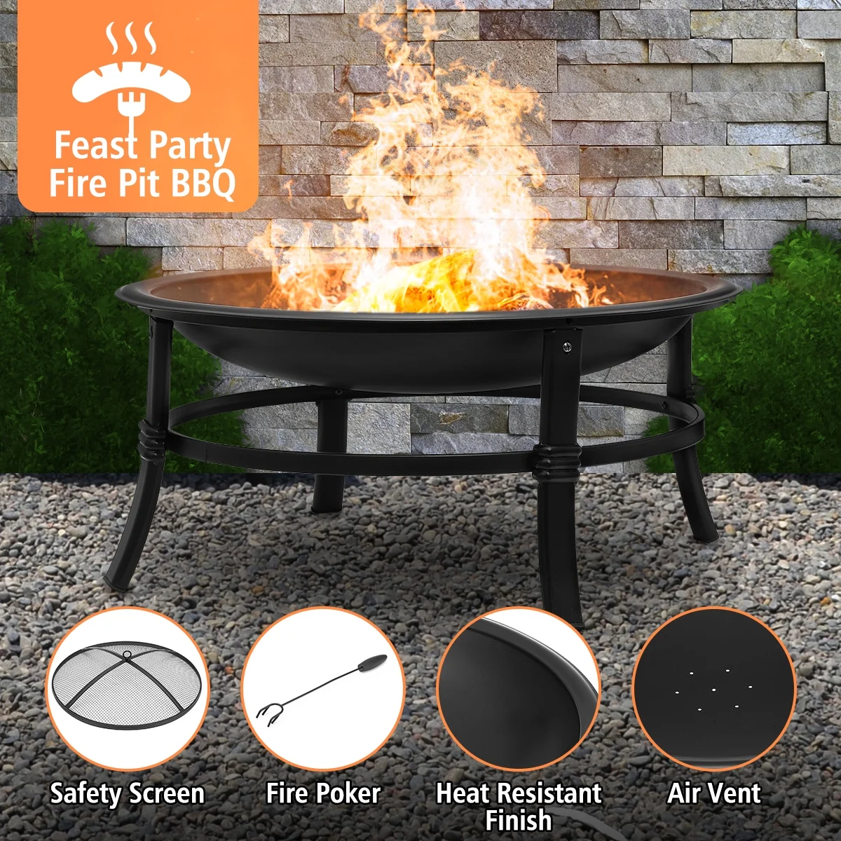 KingSo 22 inch Wood Burning Fire Pit for Camping Picnic Bonfire Patio Outside Backyard Garden Small Bonfire Pit Steel Firepit Bowl with Spark Screen, Log Grate, Poker - Womvr