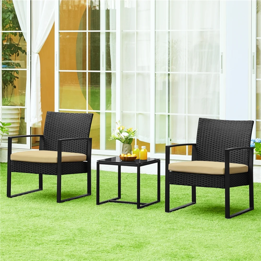 Yaheetech Modern 3-piece Patio Rattan Chairs & Table Set with Cushions, Black/Gray - Womvr
