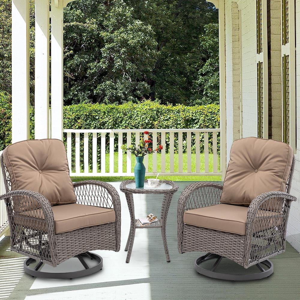 3 Piece Outdoor Bistro Swivel Chairs Set, Patio Bistro Set w/ 360° Swivel Rocking Chairs & Table, All-Weather Conversation Set with Metal Frame for Patio Backyard Porches or Garden - Khaki - Womvr