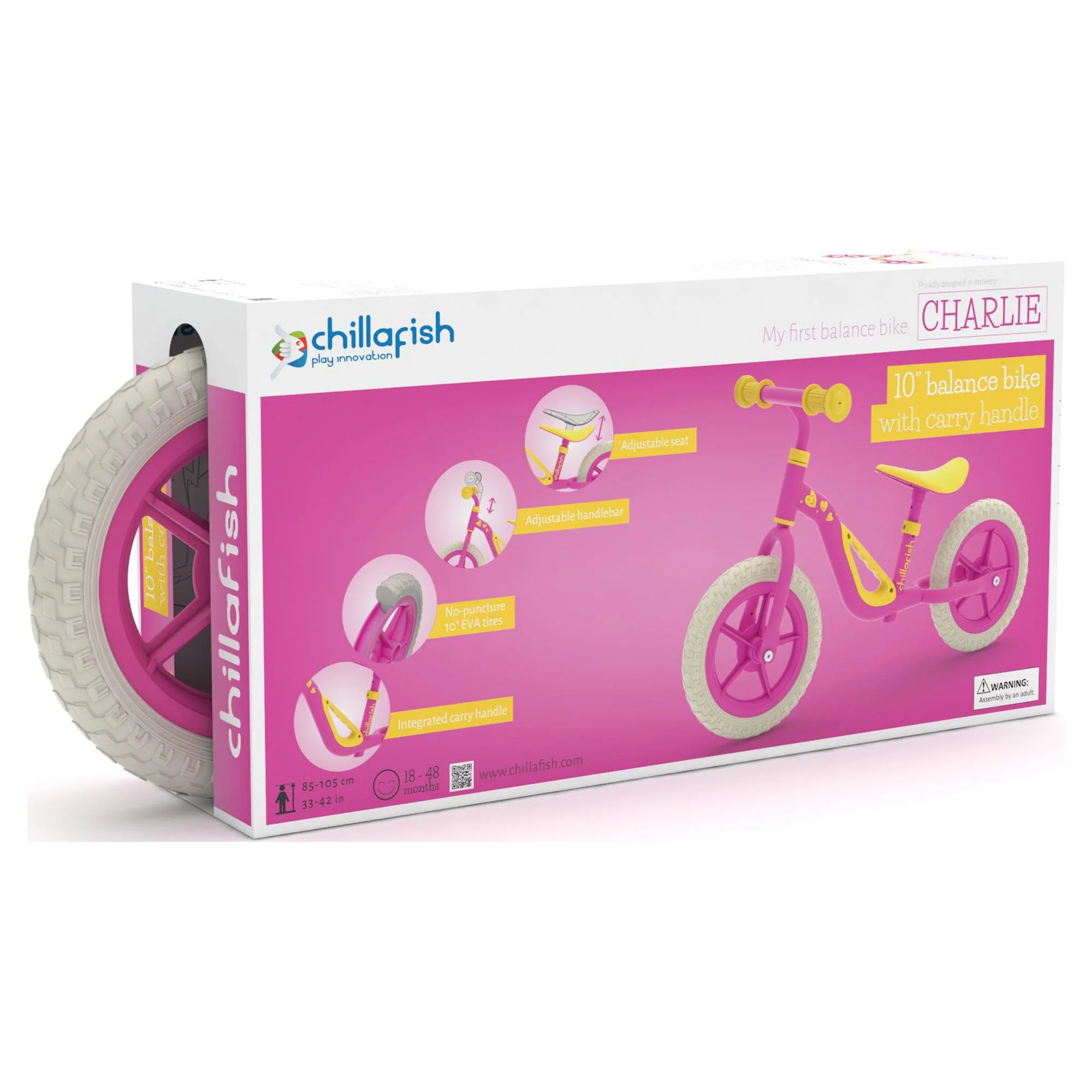 Chillafish Charlie lightweight toddler balance bike with carry handle, adjustable seat and handlebar, puncture-proof 10-inch wheels, for kids 18-48 months, Red - Womvr