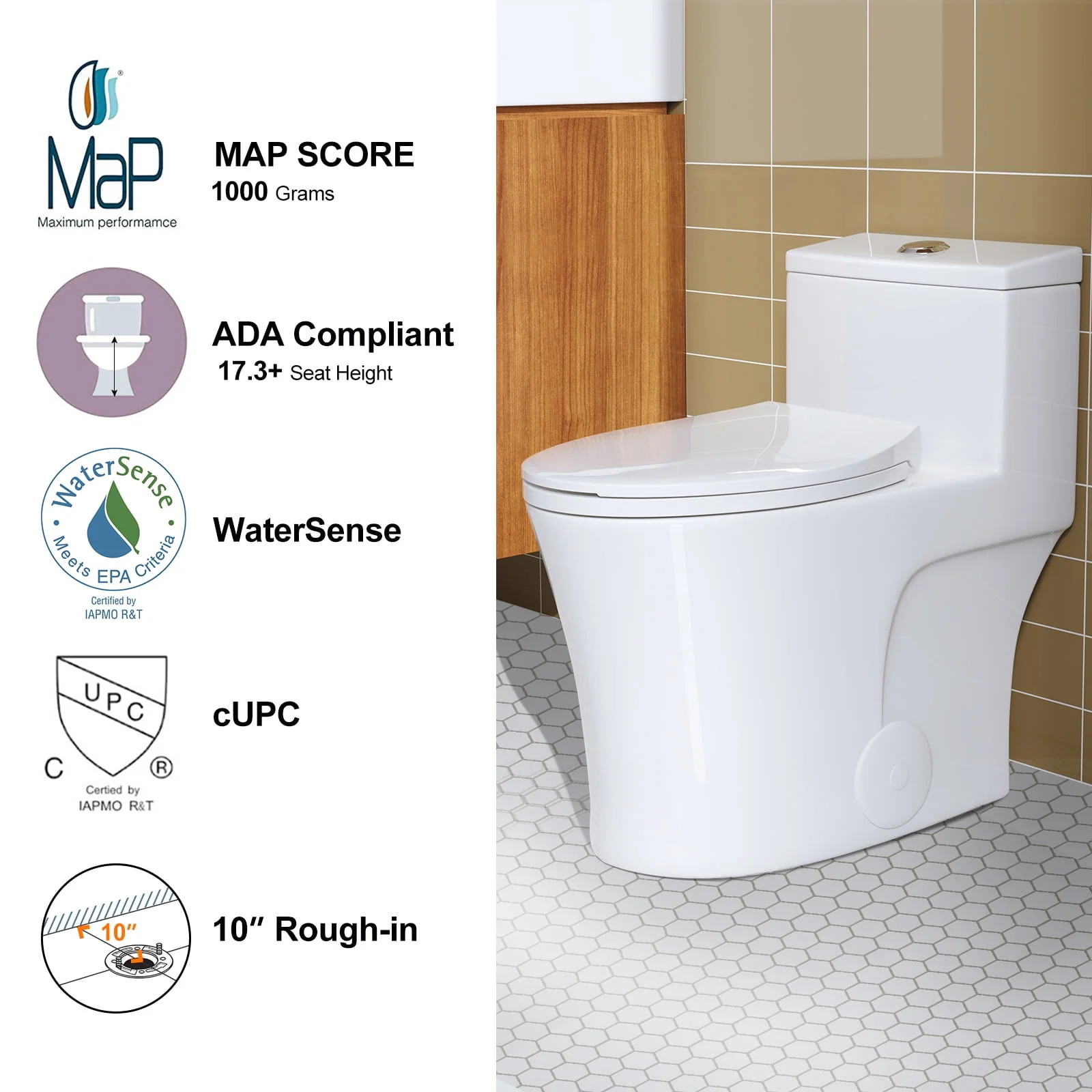 HOROW T0338W Elongated One Piece Toilet with Comfort Chair Seat ADA Height 17.3