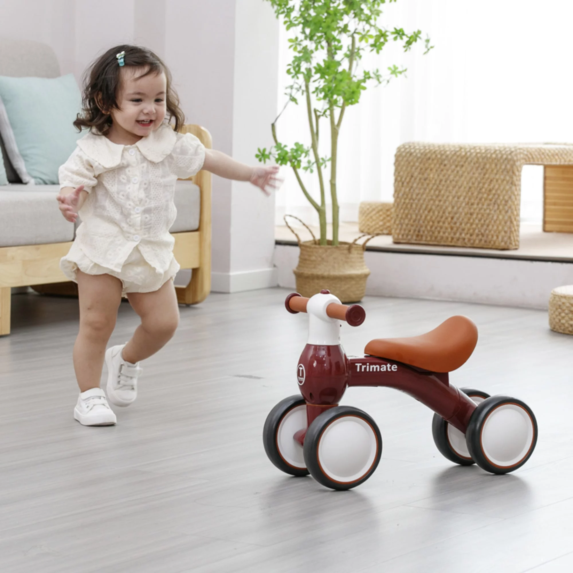 Trimate Baby Walker Balance Bike, Wine Red - Perfect Ride-On Toy for 1-Year-Olds, with 4 Wheels, Ideal for Boys and Girls (12-24 Months) - Womvr