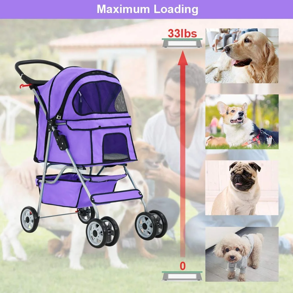 4 Wheels Pet Stroller Foldable Dog Stroller Cat Stroller with Storage Basket & Removable Liner, Travel Lite Foldable Carrier Strolling Cart for Dogs Cats, Black - Womvr