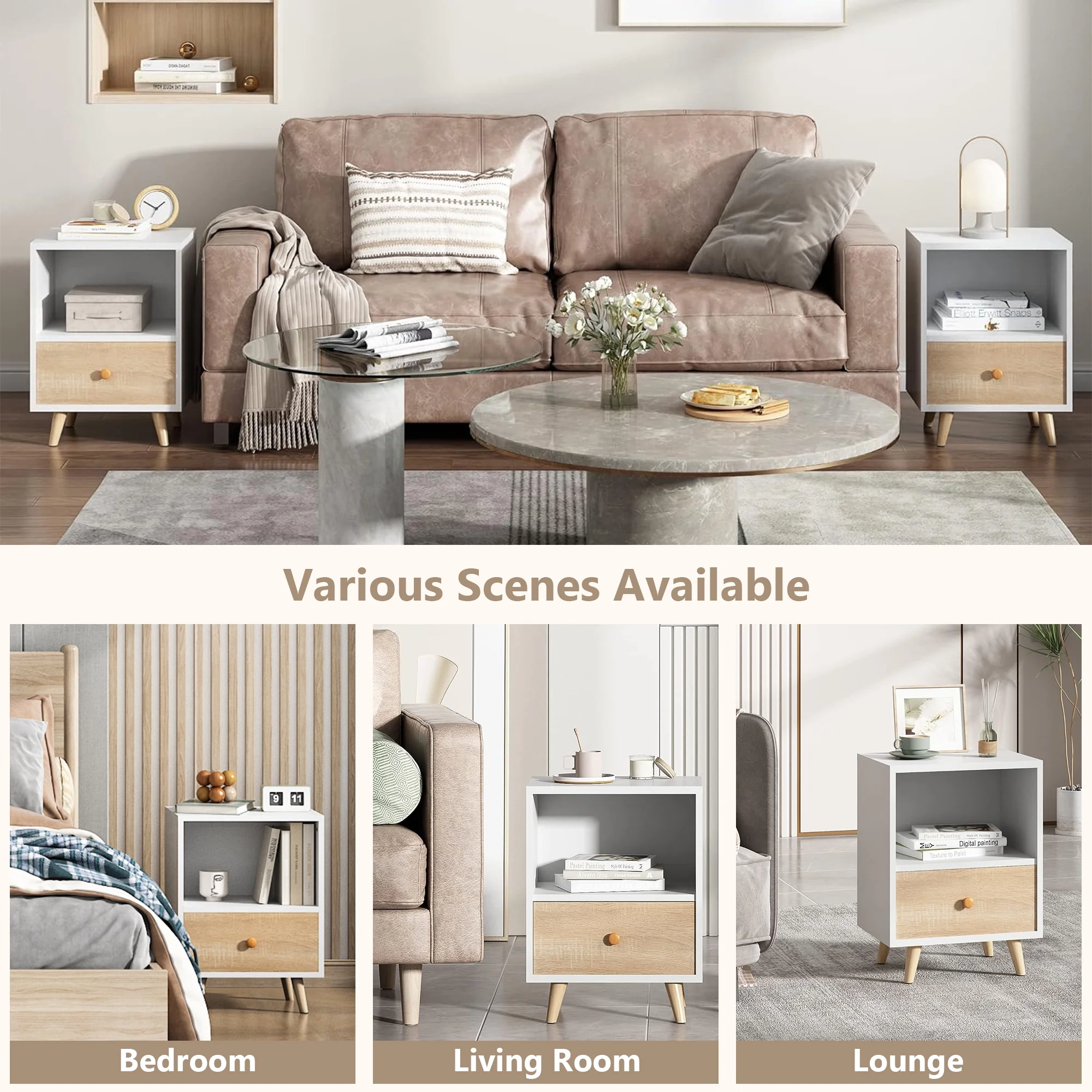 JAXPETY Nightstands Set of 2, Night Stand with 1 Drawer and Open Shelf Storage, End Table, Side Table, for Bedroom, Living Room, Natural Wood & White - Womvr